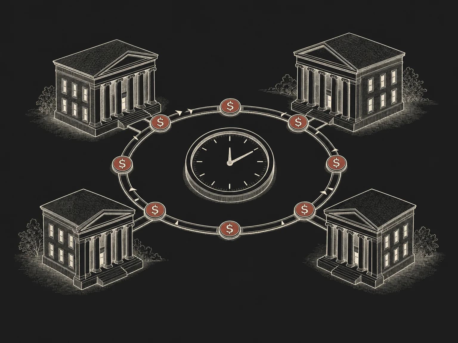 Four plain bank buildings arranged around a single circular rail, with small dollar-marked tokens flowing along the loop between them and a clock face at the center of the ring.