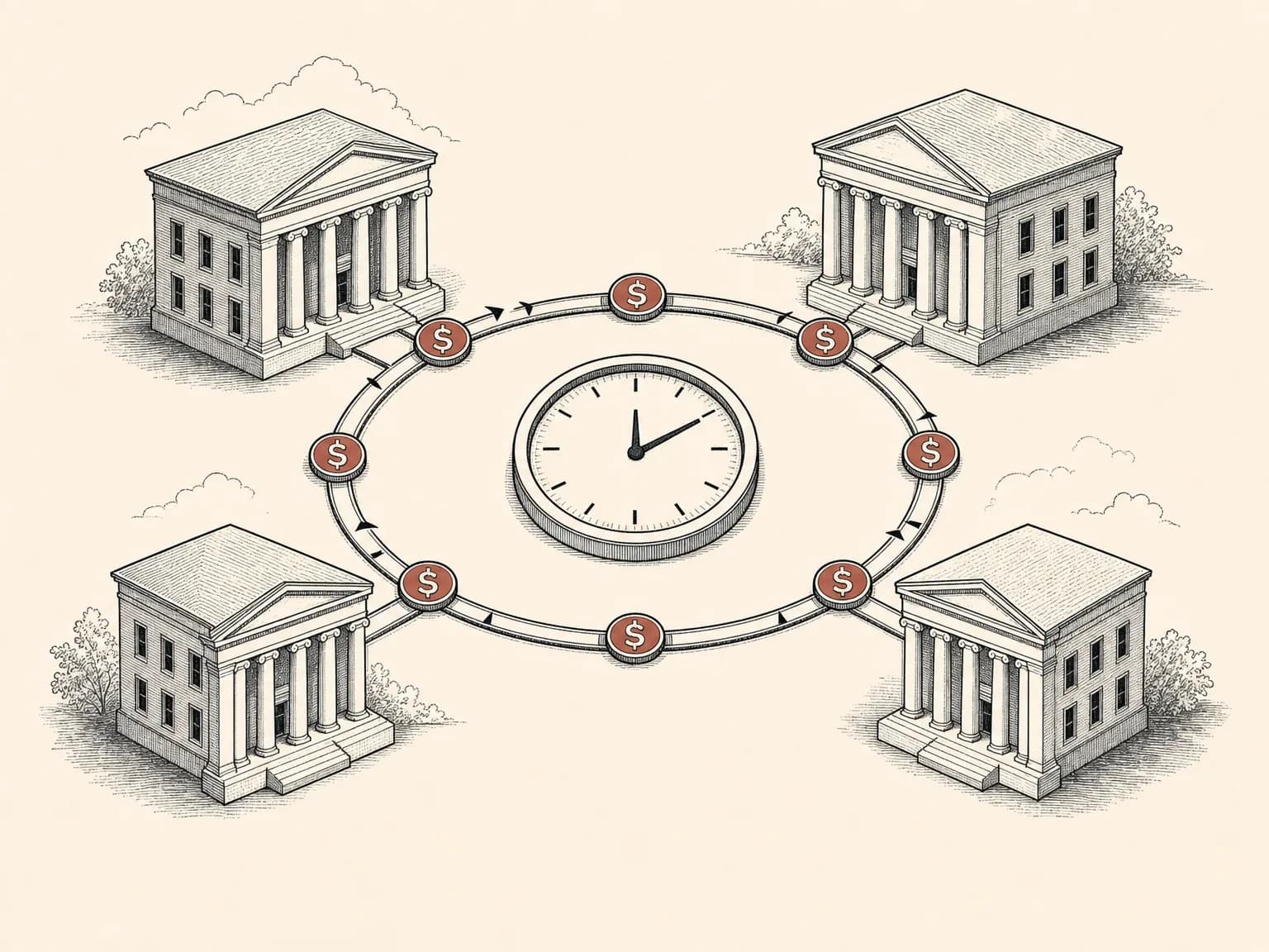 Four plain bank buildings arranged around a single circular rail, with small dollar-marked tokens flowing along the loop between them and a clock face at the center of the ring.