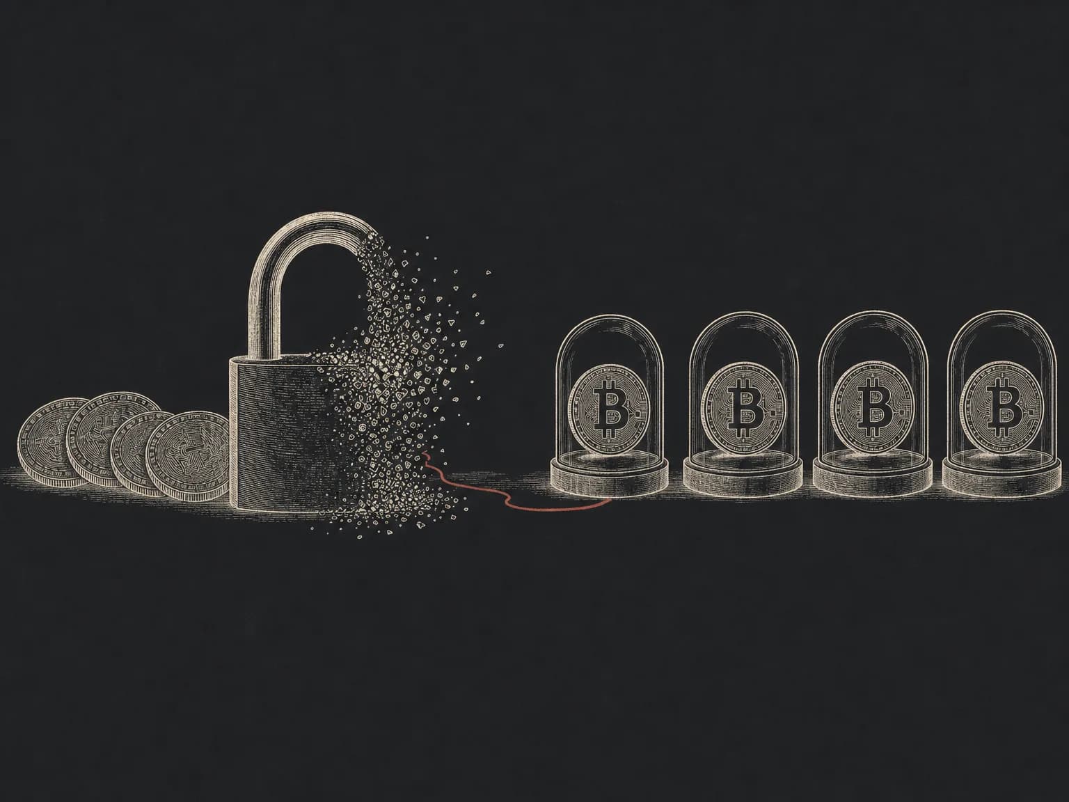 A few older coins sit behind a single padlock that is breaking apart at the edges into fine particles, leaving them about to be exposed, while a neat row of newer coins beside them each stay shut inside their own intact sealed capsules, with a thin red line tracing the crumbling padlock.
