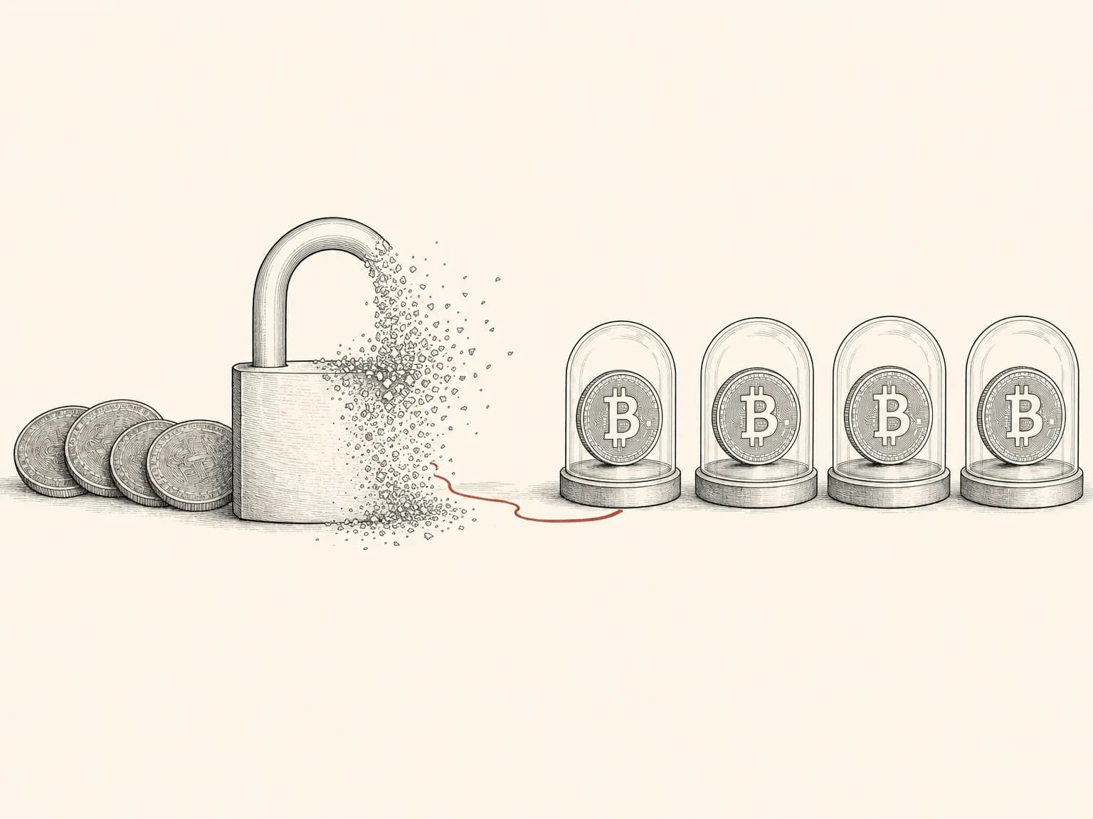 A few older coins sit behind a single padlock that is breaking apart at the edges into fine particles, leaving them about to be exposed, while a neat row of newer coins beside them each stay shut inside their own intact sealed capsules, with a thin red line tracing the crumbling padlock.