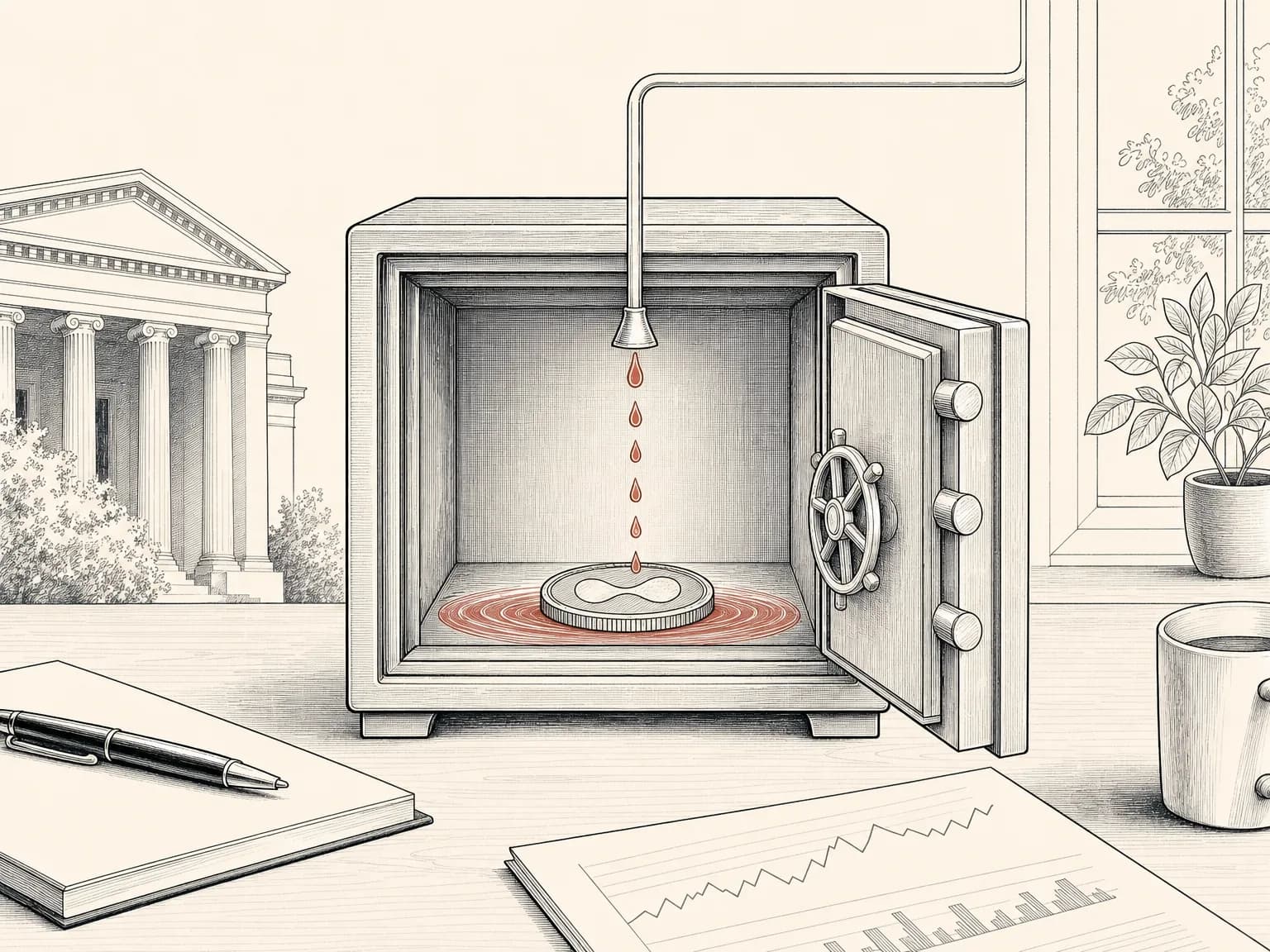 A coin sitting inside an open strongbox with a thin spout dripping droplets back into the box, showing a held token whose staking rewards flow back into the fund.