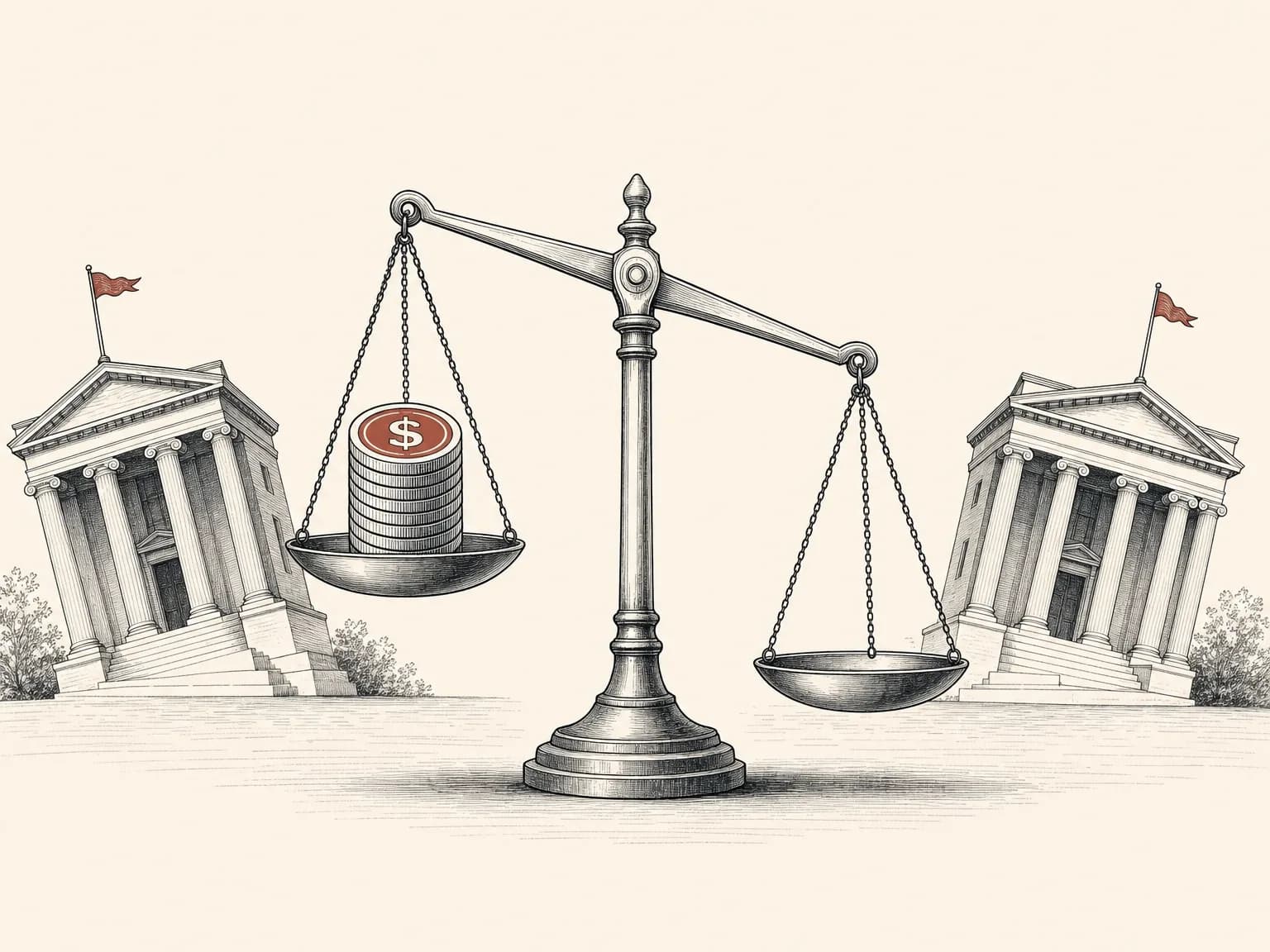A balance scale weighing a stack of coins marked with dollar signs, with a central-bank building on each side pulling the beam in opposite directions.