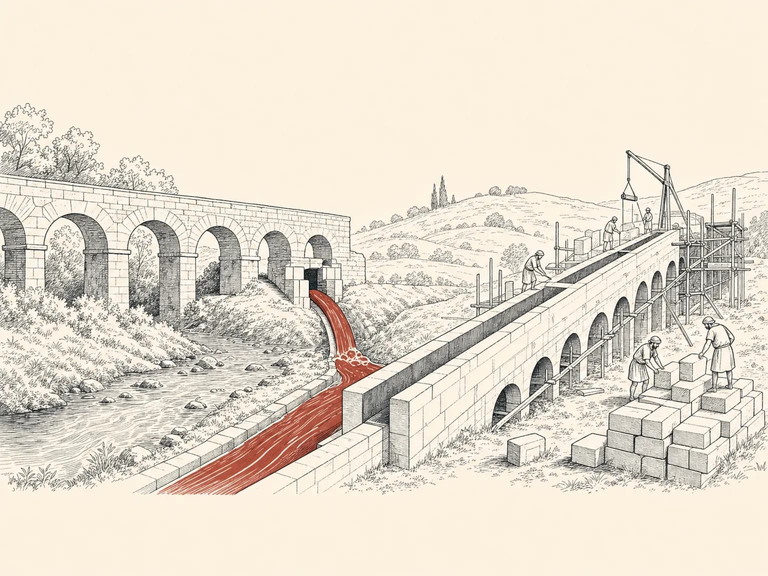 A stone aqueduct being built with stacked blocks at one end while a stream is rerouted from an older arch into the new channel, showing a new settlement chain pulling fee flow away from an existing one.