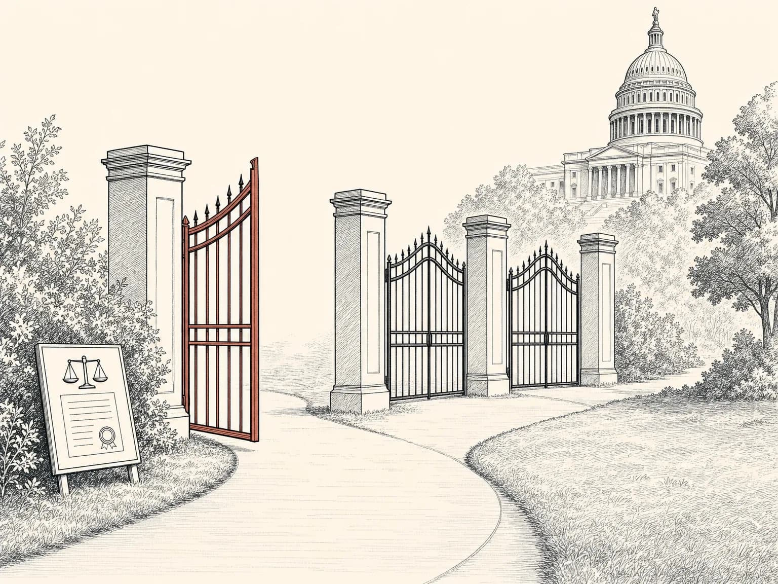 A path crossed by four gates with only the first one open and three still closed ahead, showing a bill that has passed one step but faces several more.