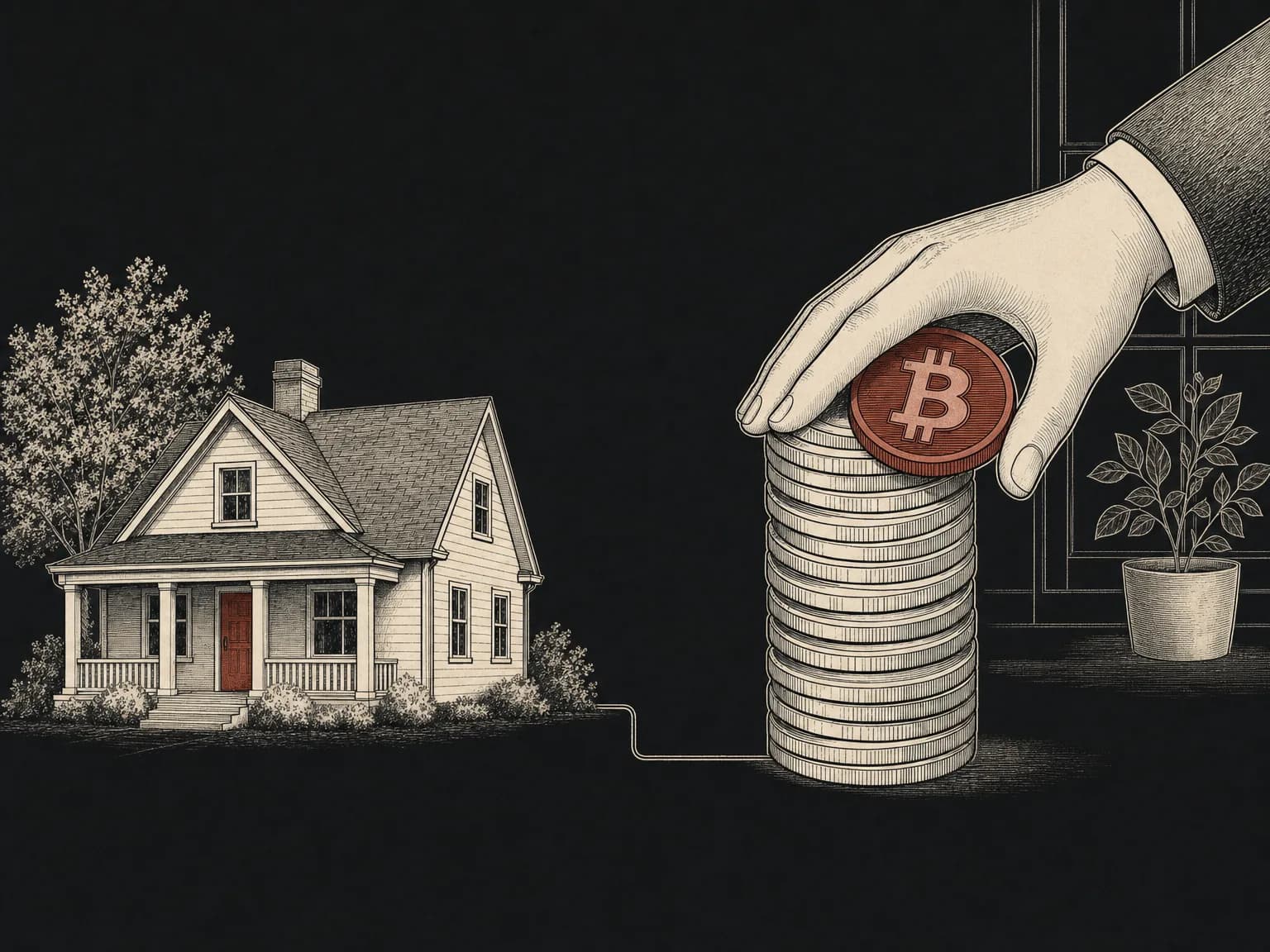 A small house beside a tall stack of coins, a hand resting over the coins to keep them, with a thin line linking the stack to the house to show the coins back the home as collateral.