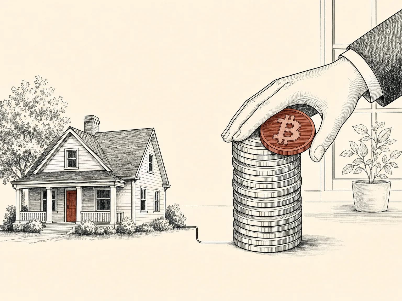 A small house beside a tall stack of coins, a hand resting over the coins to keep them, with a thin line linking the stack to the house to show the coins back the home as collateral.