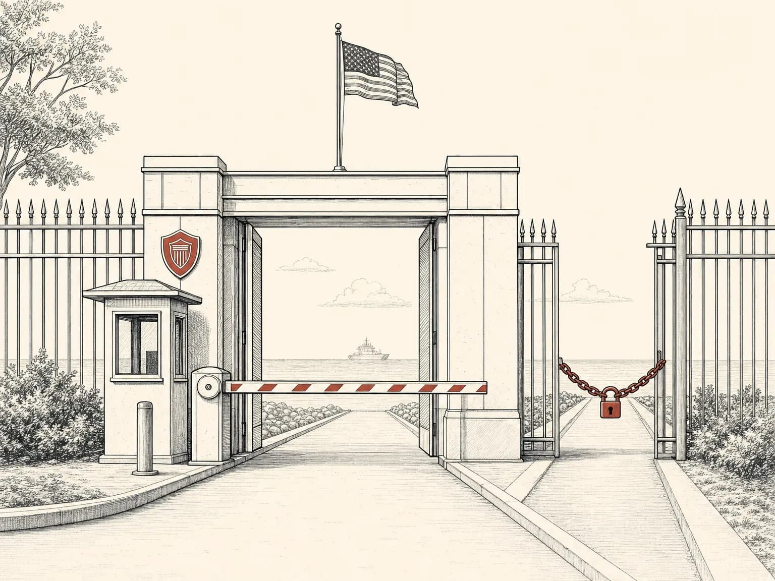 A guarded checkpoint in a tall fence with one paved lane open toward the sea and a smaller side lane chained shut, showing regulated access opening first for some and later for others.