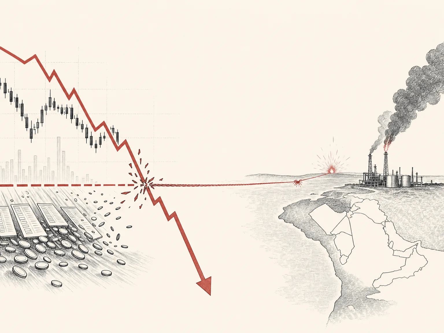 A market line falling sharply and breaking through a support level, pulled downward by a distant flare on the horizon.