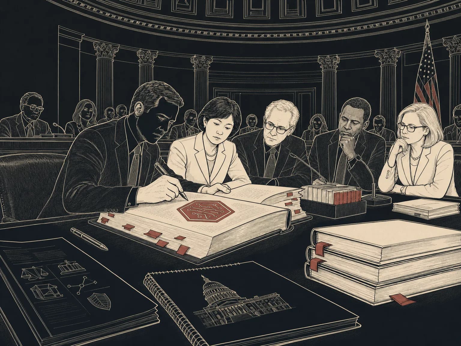 An editorial drawing of lawmakers seated at a Capitol hearing table writing a thick rule book, with a hexagonal digital-asset token marked on its open pages and the Capitol dome behind them.