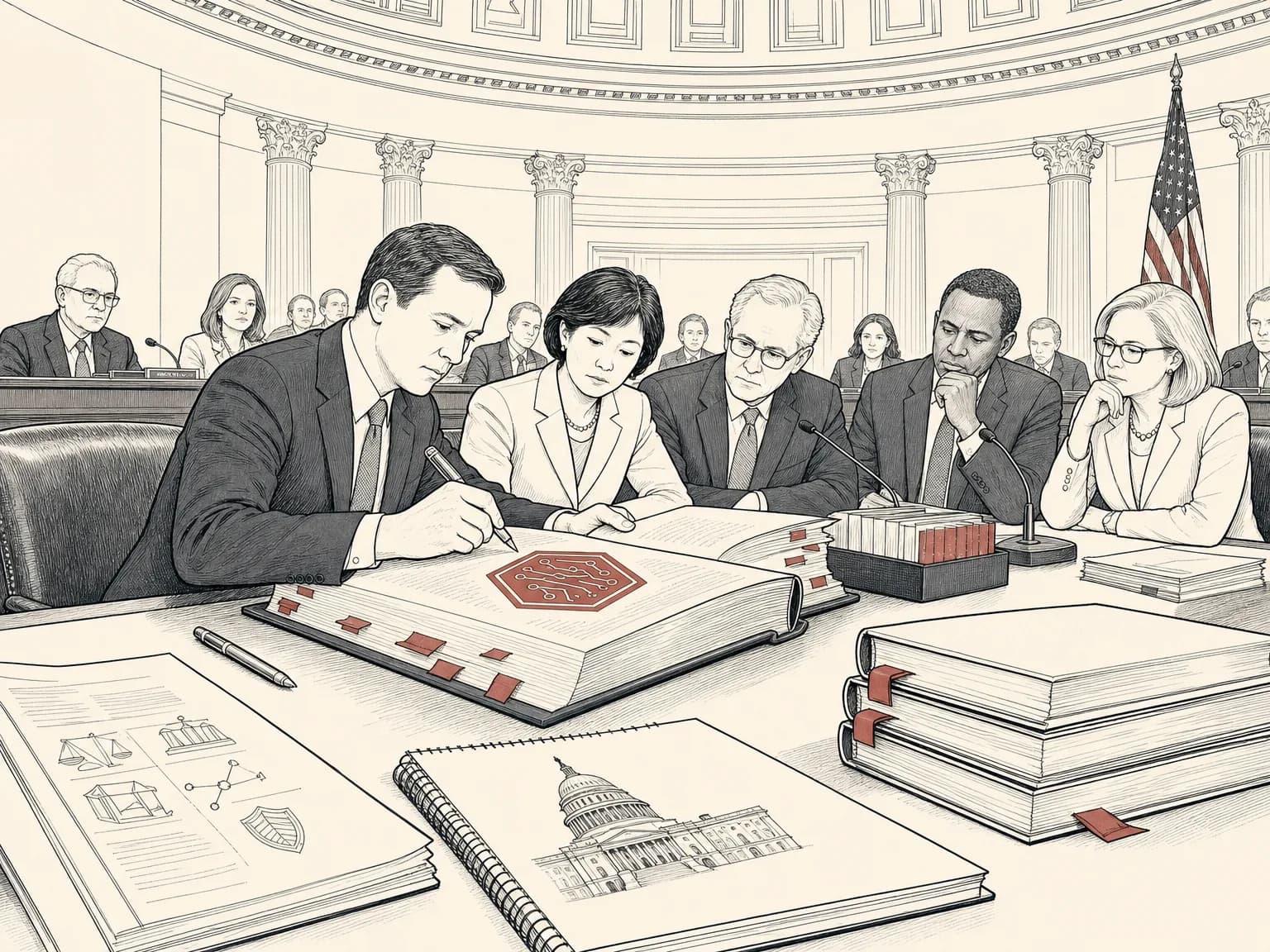An editorial drawing of lawmakers seated at a Capitol hearing table writing a thick rule book, with a hexagonal digital-asset token marked on its open pages and the Capitol dome behind them.
