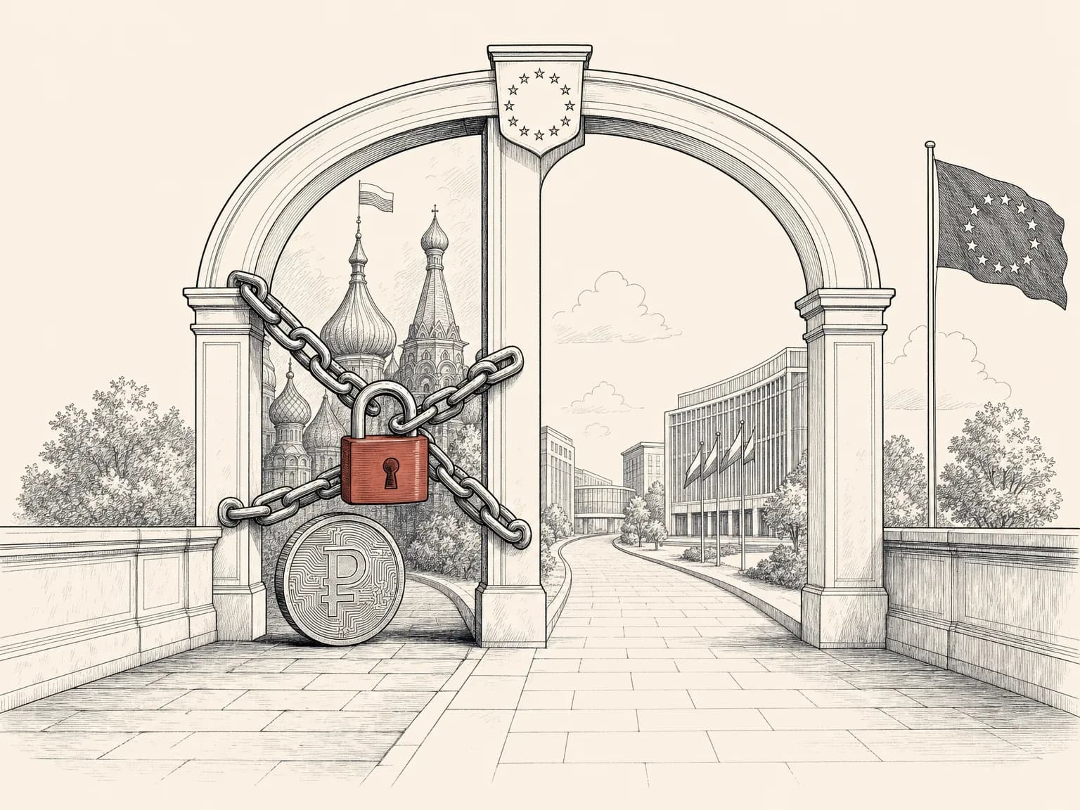 An archway with one half chained and padlocked shut and a coin stopped behind it while the other half stays open, showing a ban that closes off one set of crypto services.