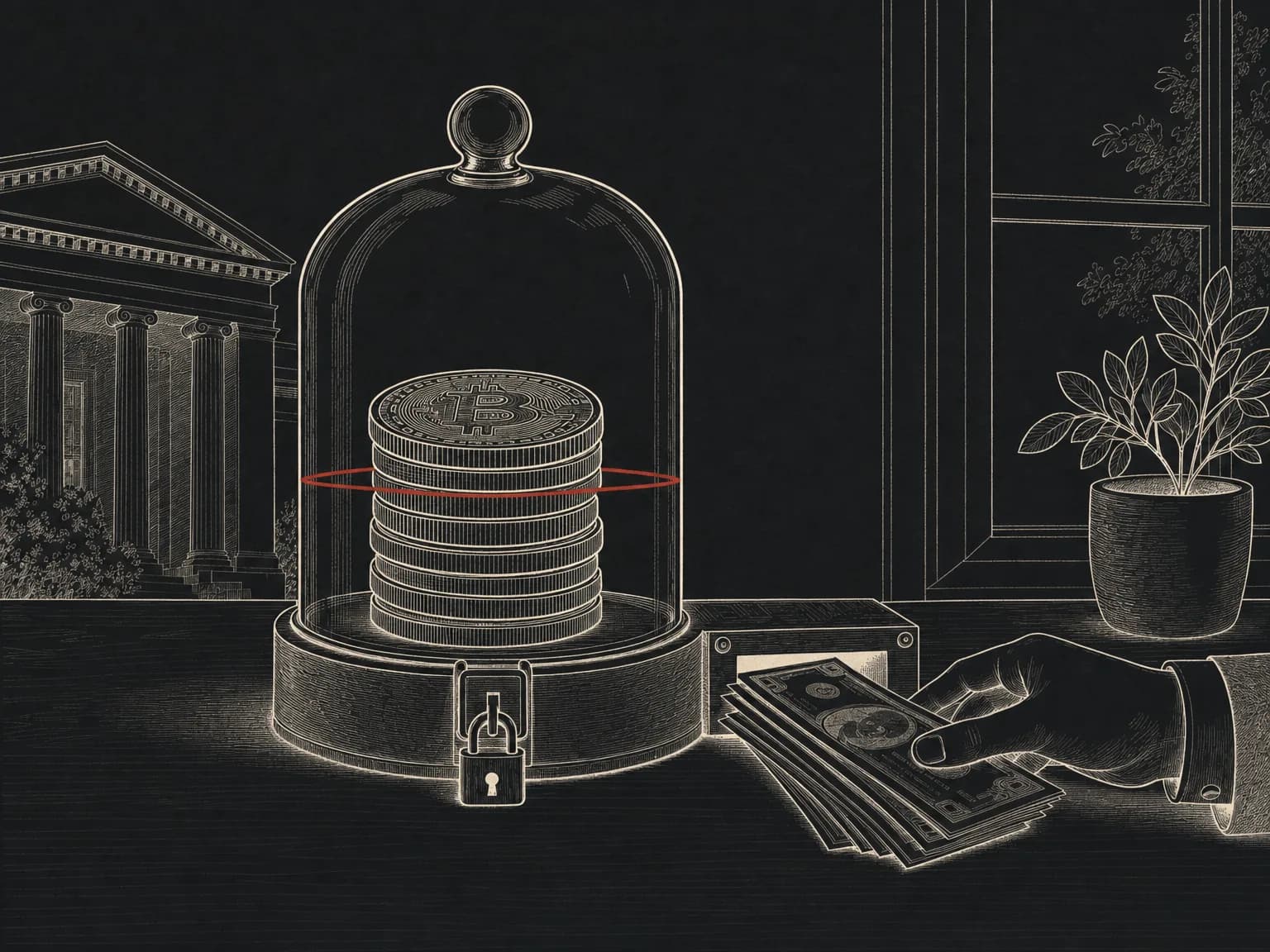 A stack of round crypto tokens sealed inside a locked glass case as collateral, with cash banknotes handed out from a slot beside it in return, and a single red line marking the level the tokens must not fall below before they are force-sold.