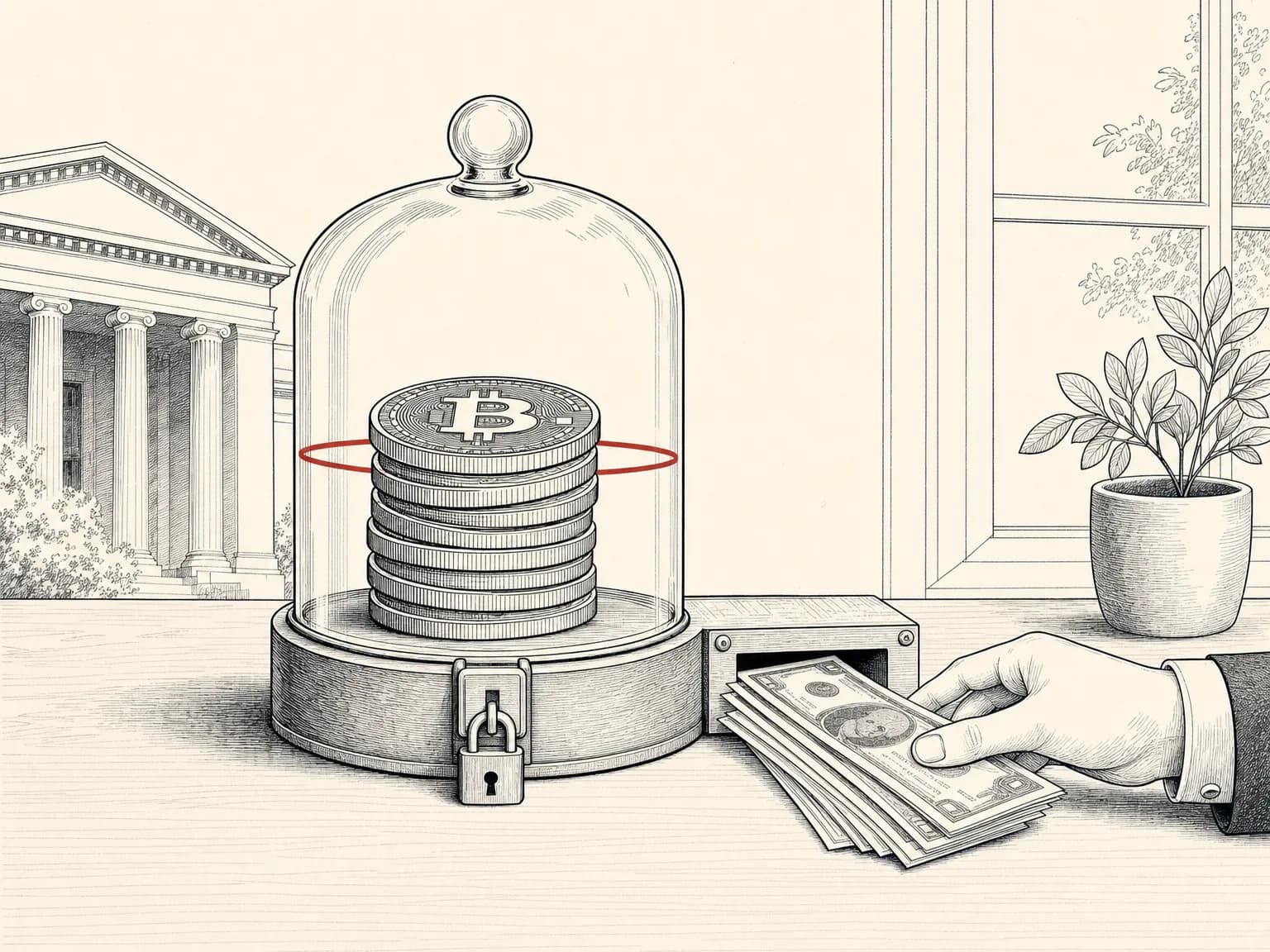 A stack of round crypto tokens sealed inside a locked glass case as collateral, with cash banknotes handed out from a slot beside it in return, and a single red line marking the level the tokens must not fall below before they are force-sold.