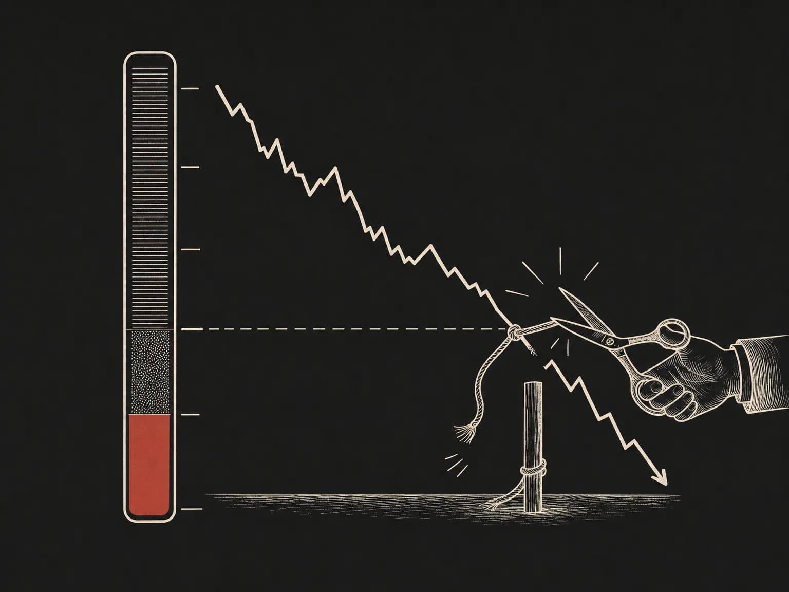 A tall margin meter drains from full down through a marked maintenance line into a red zone at its base, while a falling price line crosses that line and scissors cut the position's tether at the breaking point.