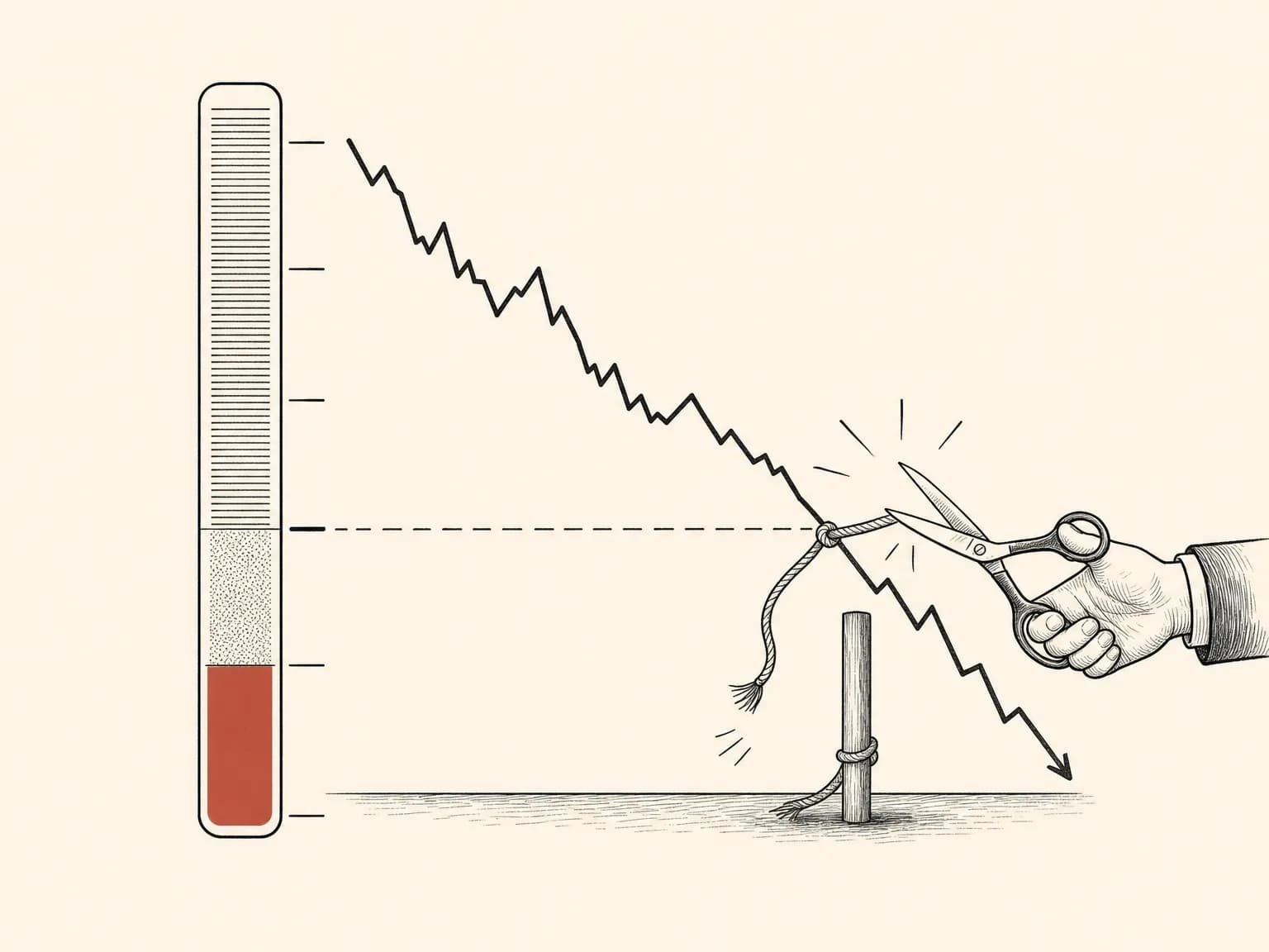 A tall margin meter drains from full down through a marked maintenance line into a red zone at its base, while a falling price line crosses that line and scissors cut the position's tether at the breaking point.