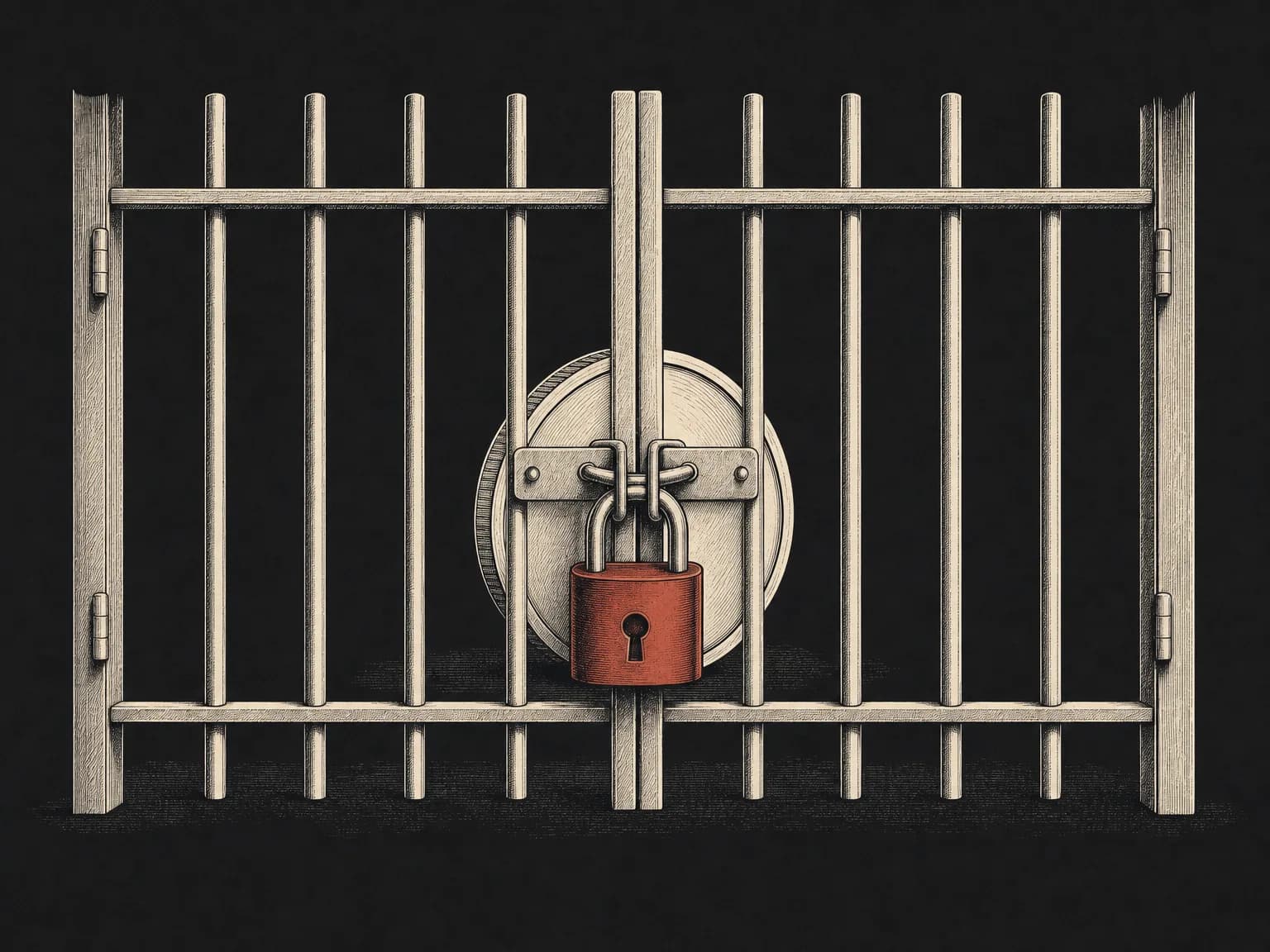 An editorial drawing of a plain coin trapped behind a barred gate locked shut with a heavy padlock, the coin held still and unable to pass through the bars.