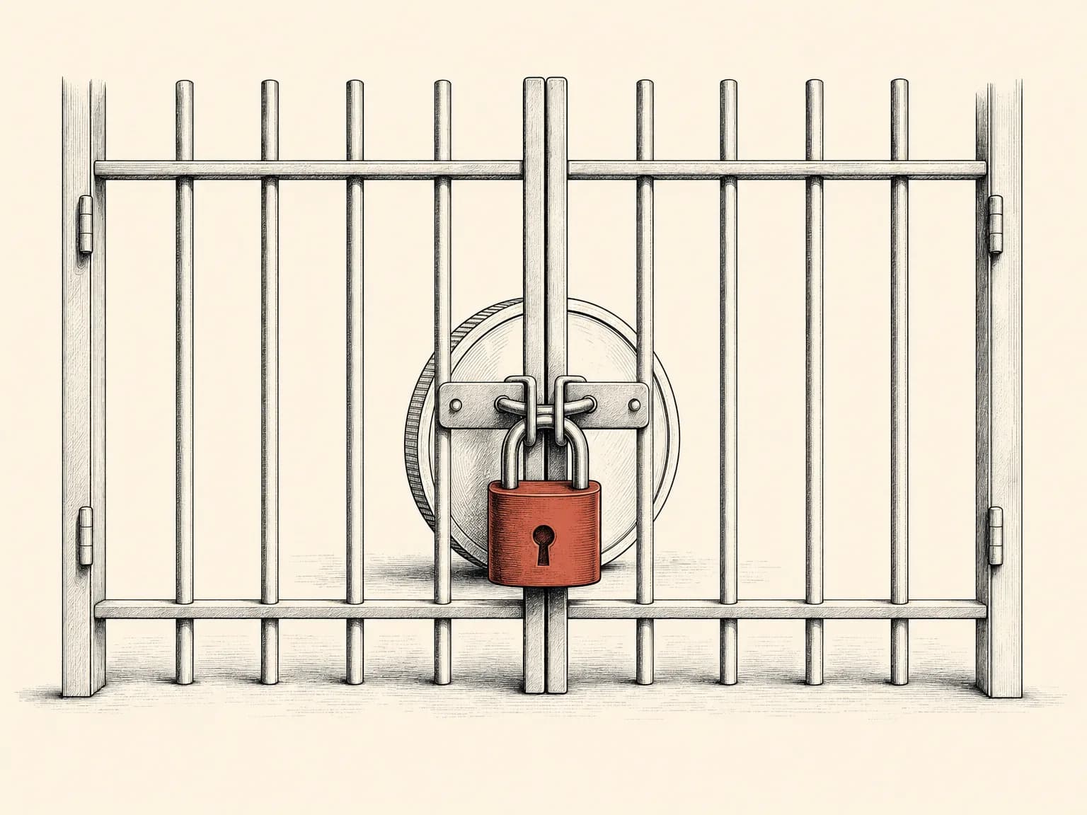 An editorial drawing of a plain coin trapped behind a barred gate locked shut with a heavy padlock, the coin held still and unable to pass through the bars.