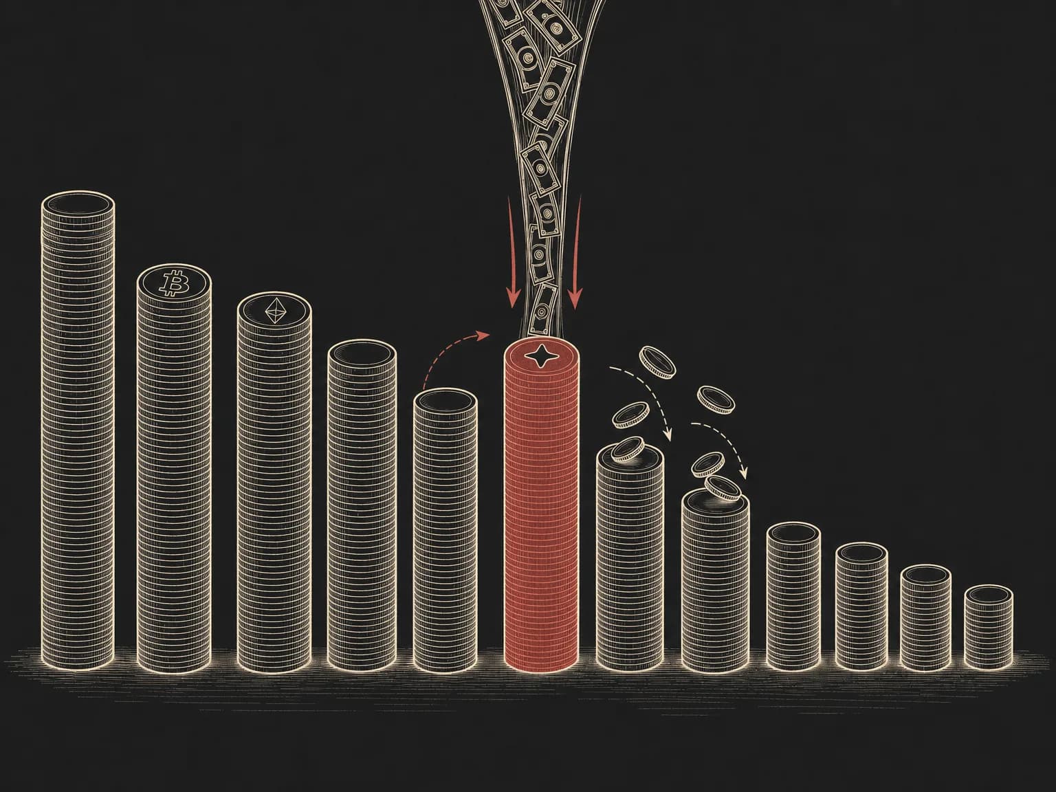 Line-drawn illustration of coin columns ranked like a leaderboard. One newer column rises into the top group as money pours into it, while two taller columns beside it shed coins and sink.