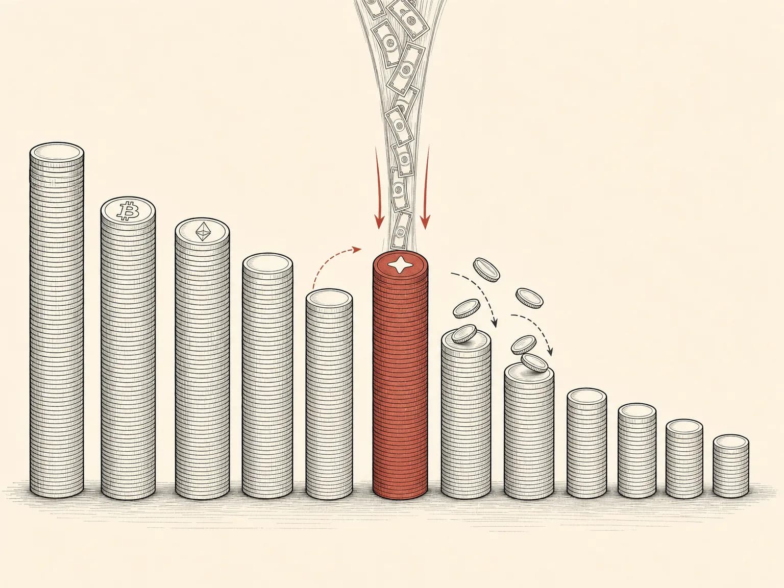 Line-drawn illustration of coin columns ranked like a leaderboard. One newer column rises into the top group as money pours into it, while two taller columns beside it shed coins and sink.