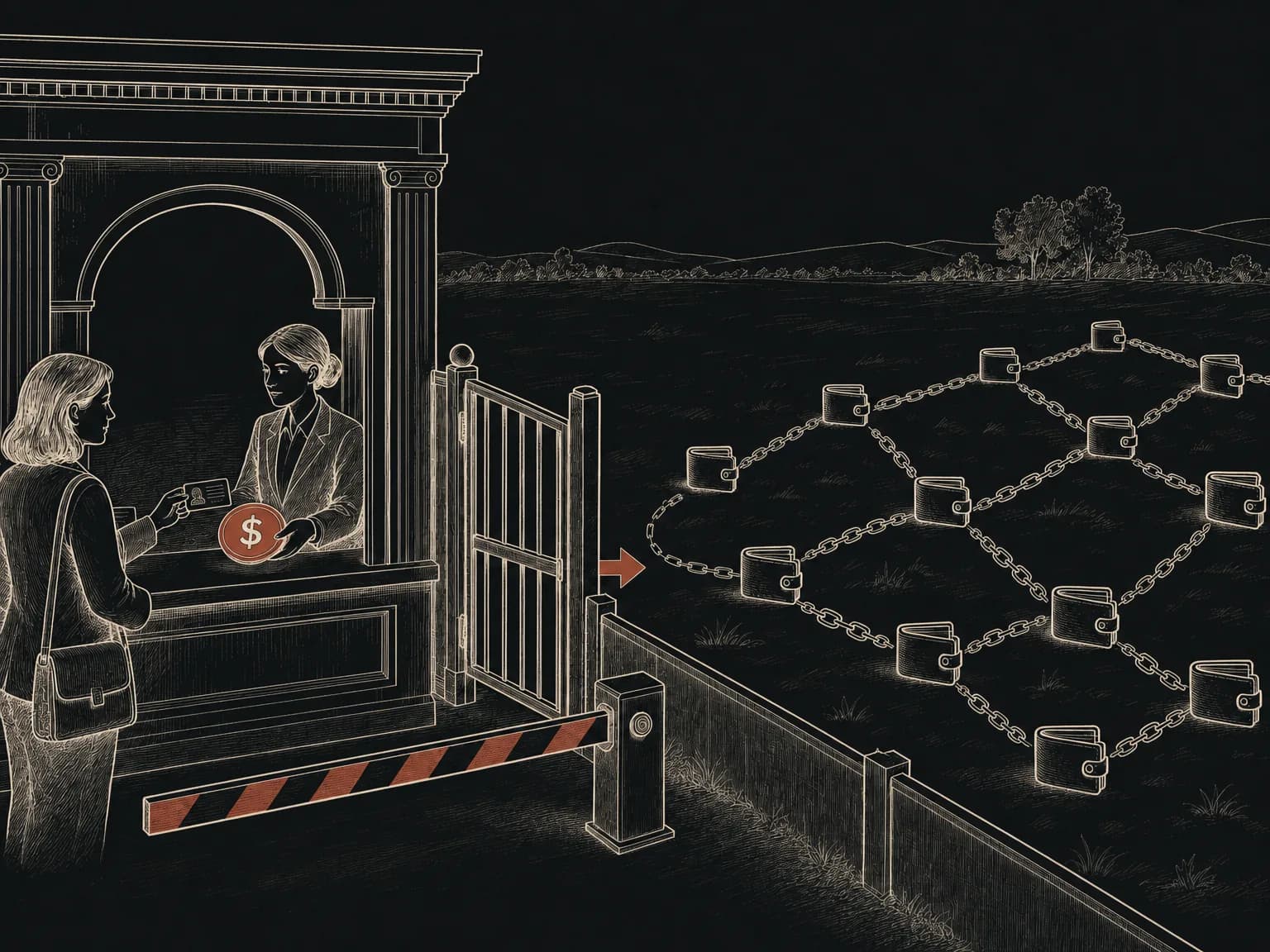 A stablecoin issuer drawn as a counter with a gate, where a clerk checks one customer's ID and passes a dollar-marked token through; beyond the gate the token moves among many small anonymous wallets linked by chains, with a low fence and a closed barrier marking the line past which the issuer can no longer see or reach.