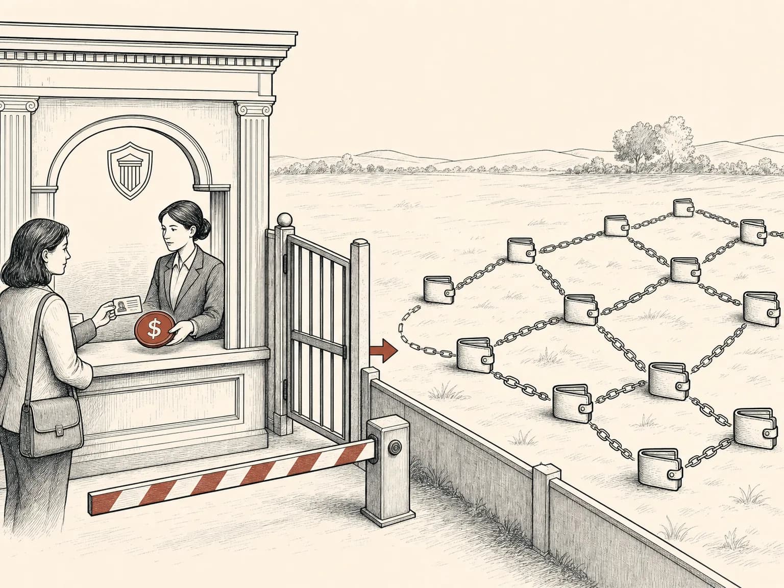 A stablecoin issuer drawn as a counter with a gate, where a clerk checks one customer's ID and passes a dollar-marked token through; beyond the gate the token moves among many small anonymous wallets linked by chains, with a low fence and a closed barrier marking the line past which the issuer can no longer see or reach.