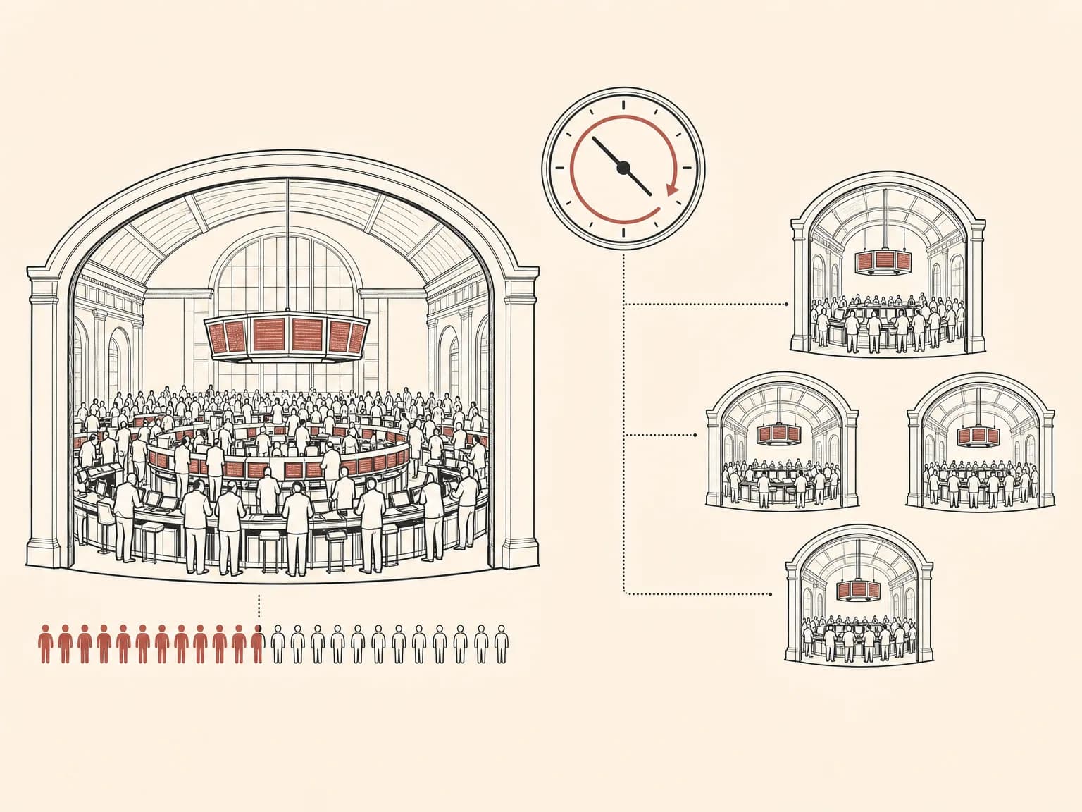 One large trading hall holding about half of a crowd while several smaller halls divide the remainder, a clock showing it stays open at all hours.