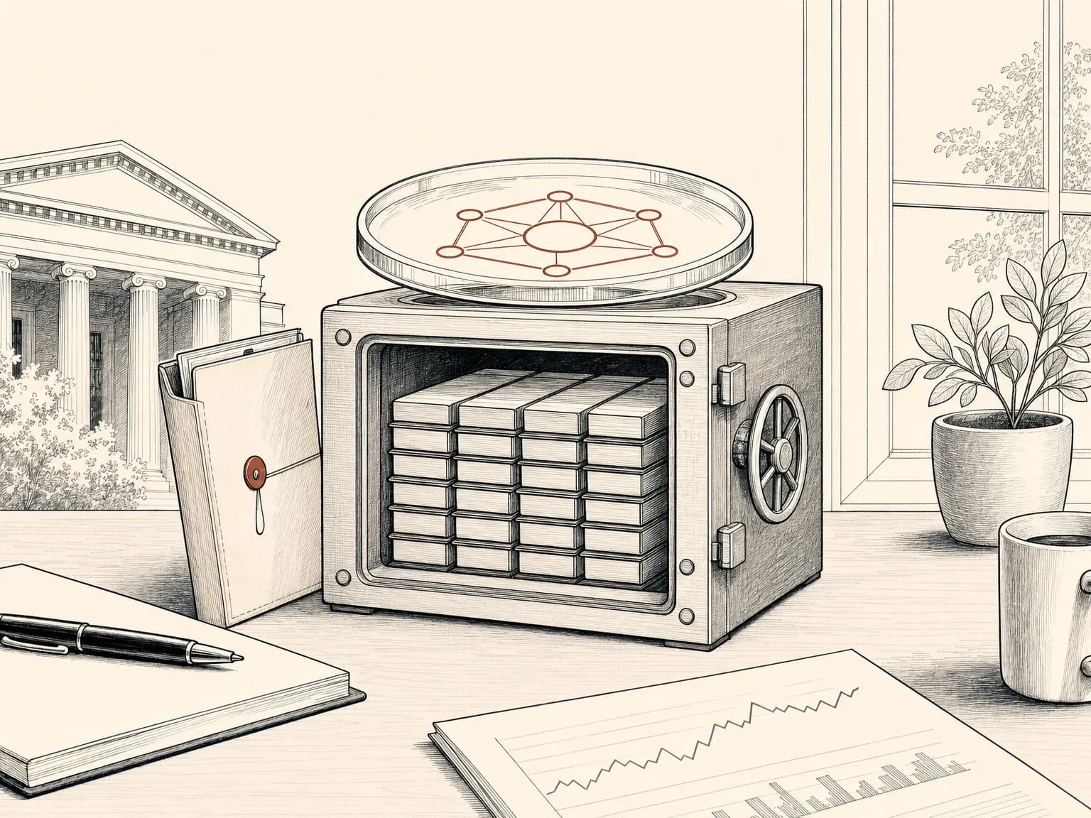 A vault of neatly stacked short bars topped by a single clear token, with a closed paper folder leaning against the side, showing reserves meant to back a stablecoin in a fund that is only filed, not yet live.