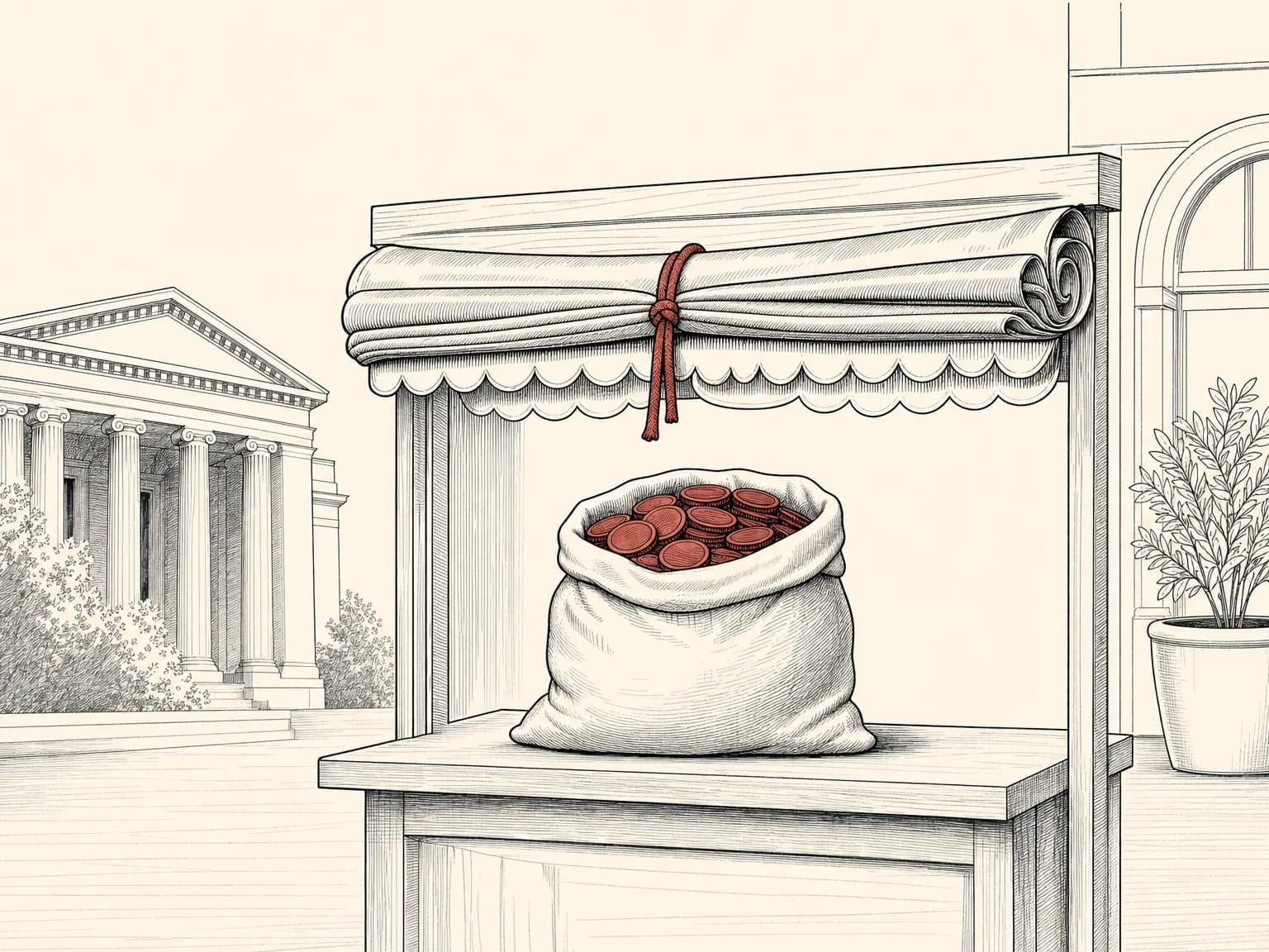 A market stall with a fresh sack of coins on the counter and a folded awning behind it held by a loose tie ready to unroll, showing a fresh raise while a paused listing waits in reserve.