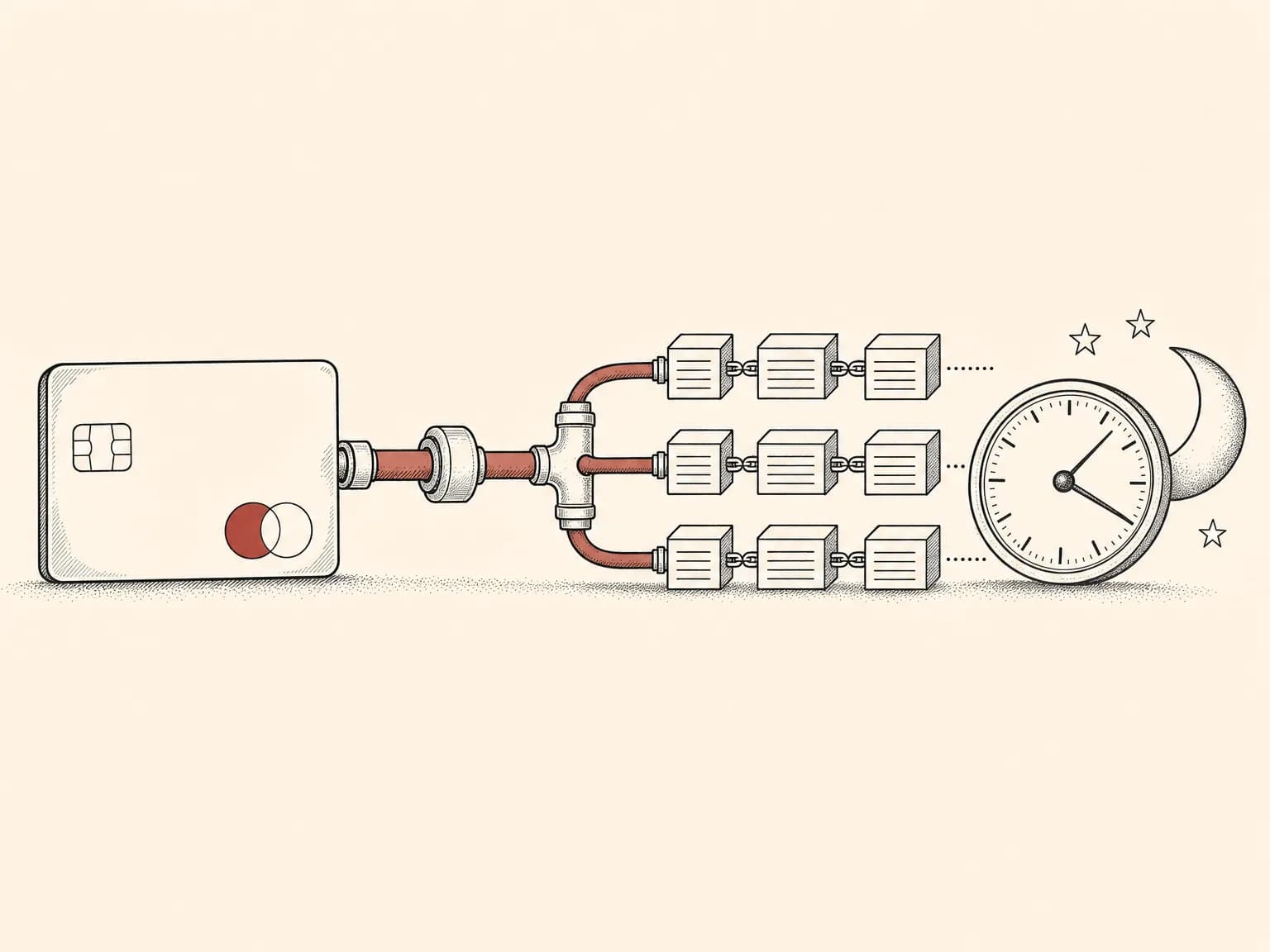 A payment card joined by a pipe to a chain of small ledger blocks, with a clock beside it marking around-the-clock settlement.