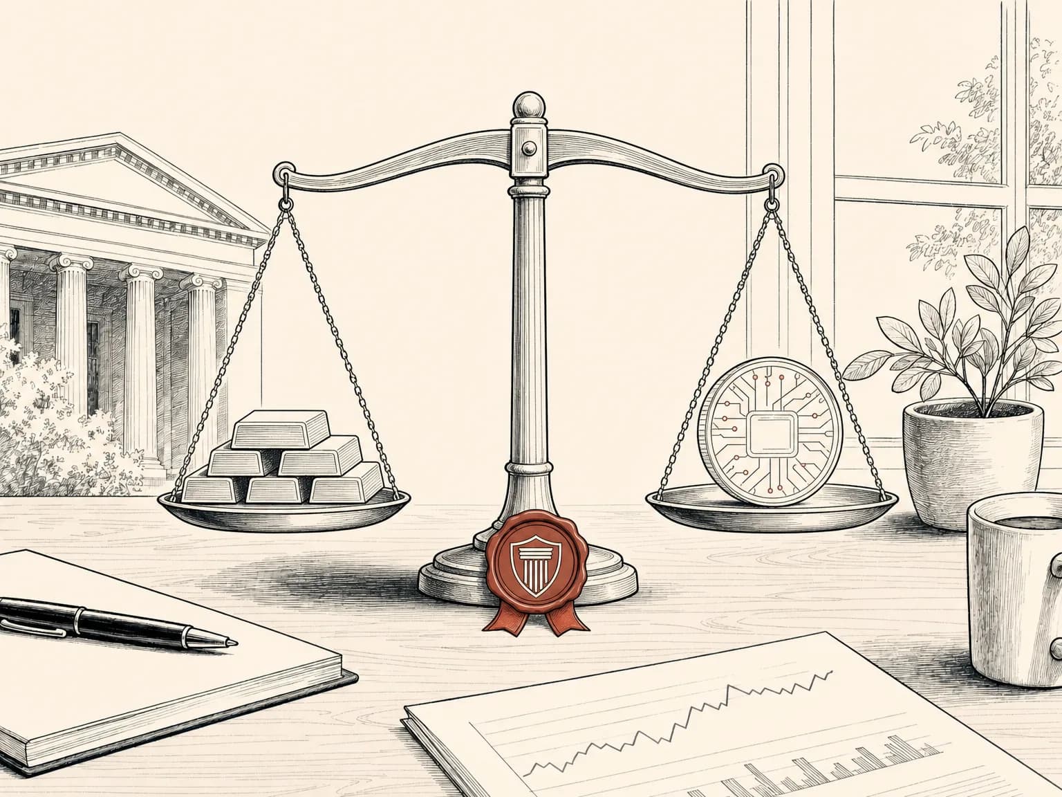 A balance scale level between a stack of short government bars and a single clear token, showing an on-chain cash fund judged equal to a traditional one.
