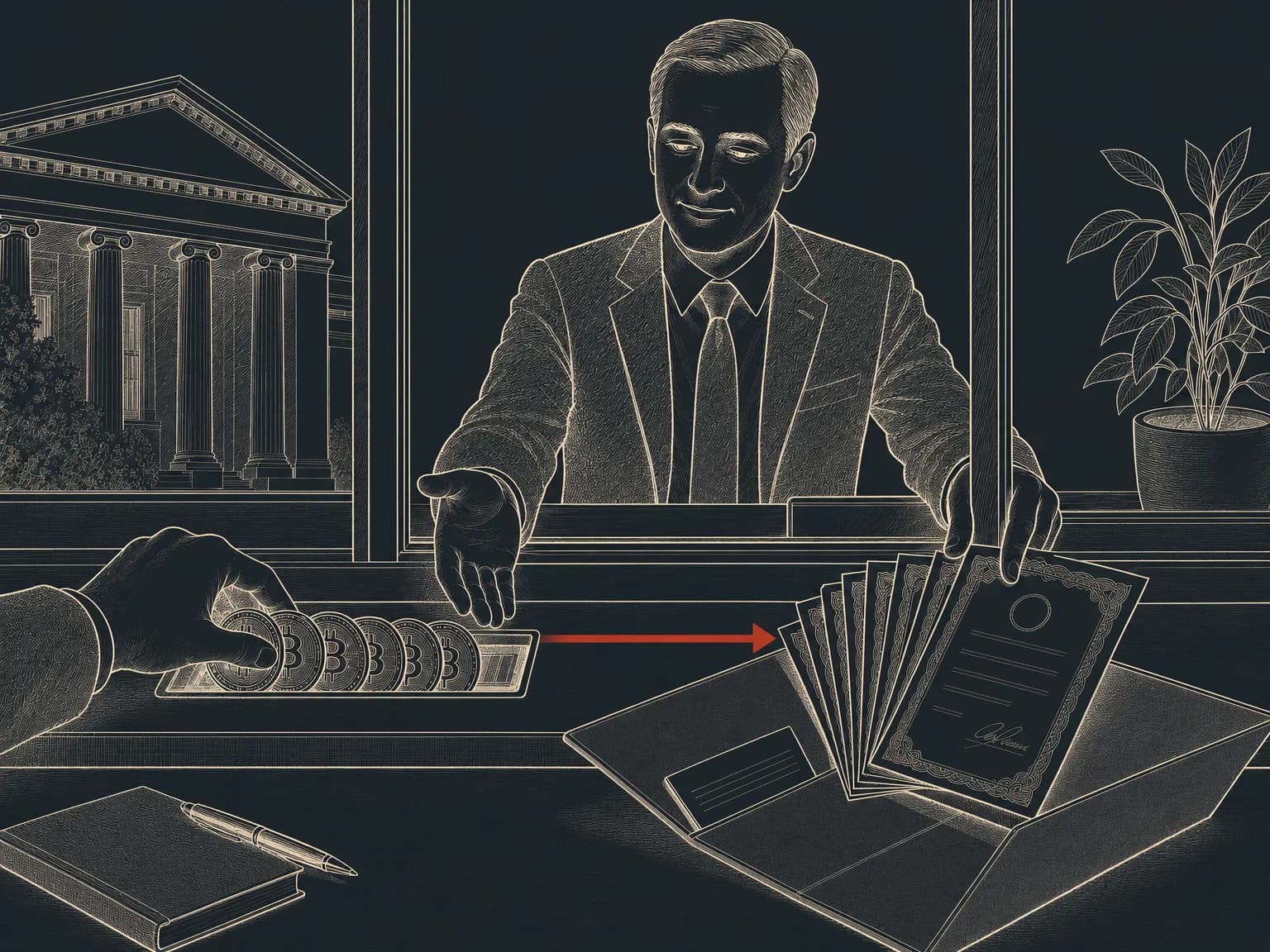 Round crypto coins fed into one side of a bank teller's window and emerging from the other side as a fan of fund-share certificates sliding into a brokerage-account folder, with a wealth manager guiding the handover and a single red arrow tracing the coins' path straight into the fund wrapper.