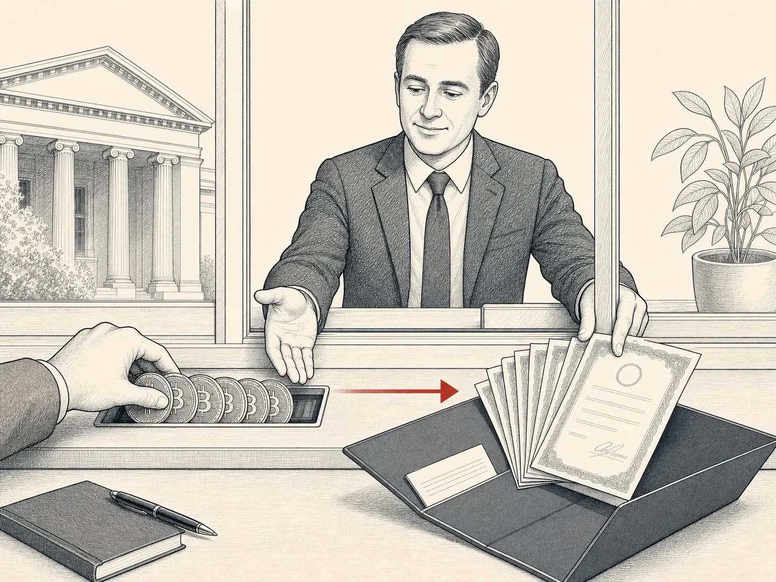 Round crypto coins fed into one side of a bank teller's window and emerging from the other side as a fan of fund-share certificates sliding into a brokerage-account folder, with a wealth manager guiding the handover and a single red arrow tracing the coins' path straight into the fund wrapper.