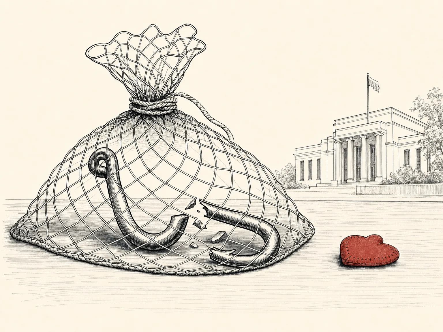 A snapped fishhook on a table with its bait set aside and a net drawn tight around the broken pieces, showing a scam operation broken up and its funds seized.
