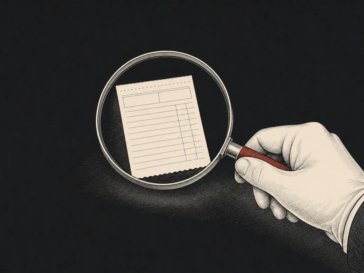 A betting slip seen through a magnifying glass held by a gloved hand, examining the slip up close.