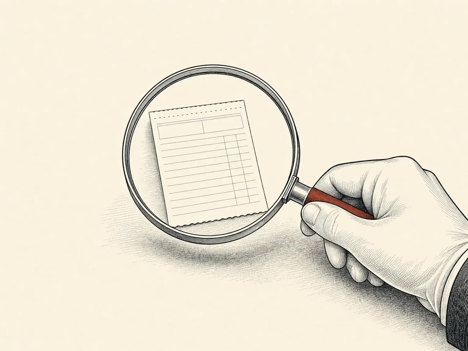 A betting slip seen through a magnifying glass held by a gloved hand, examining the slip up close.