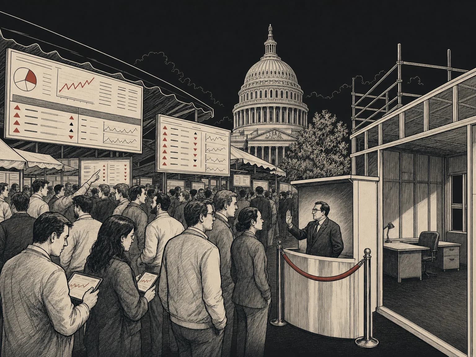 A busy marketplace of odds boards and probability tickers under a capitol dome, with a roped-off booth keeping officials out and an unfinished, empty government office building beside it.