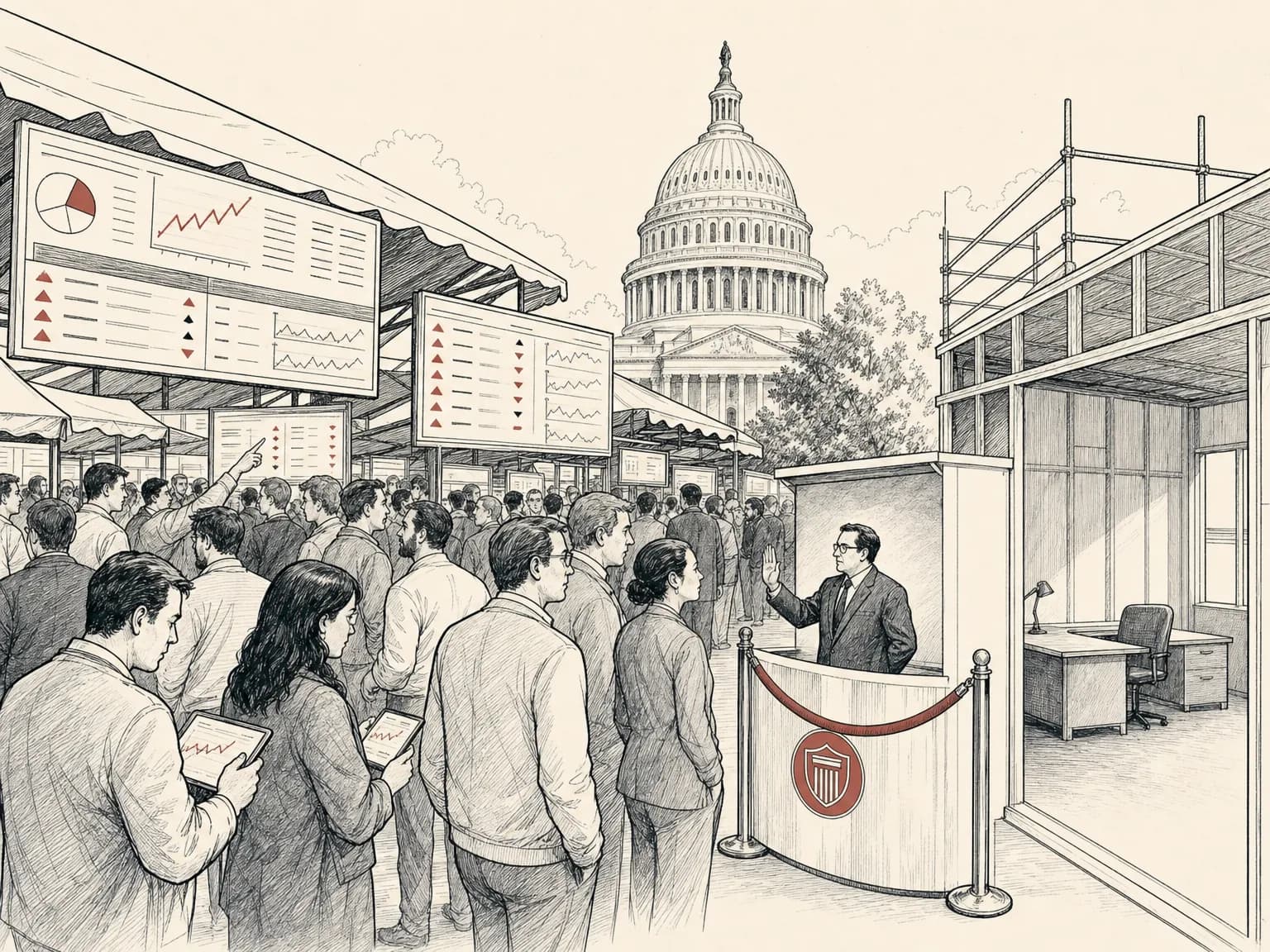 A busy marketplace of odds boards and probability tickers under a capitol dome, with a roped-off booth keeping officials out and an unfinished, empty government office building beside it.