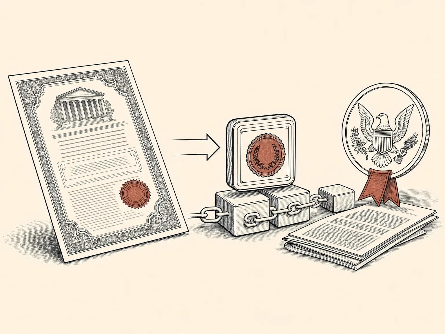 A paper share certificate turning into a small token sitting on a chain-linked ledger, an official wax seal beside it and folded fine print tucked underneath.