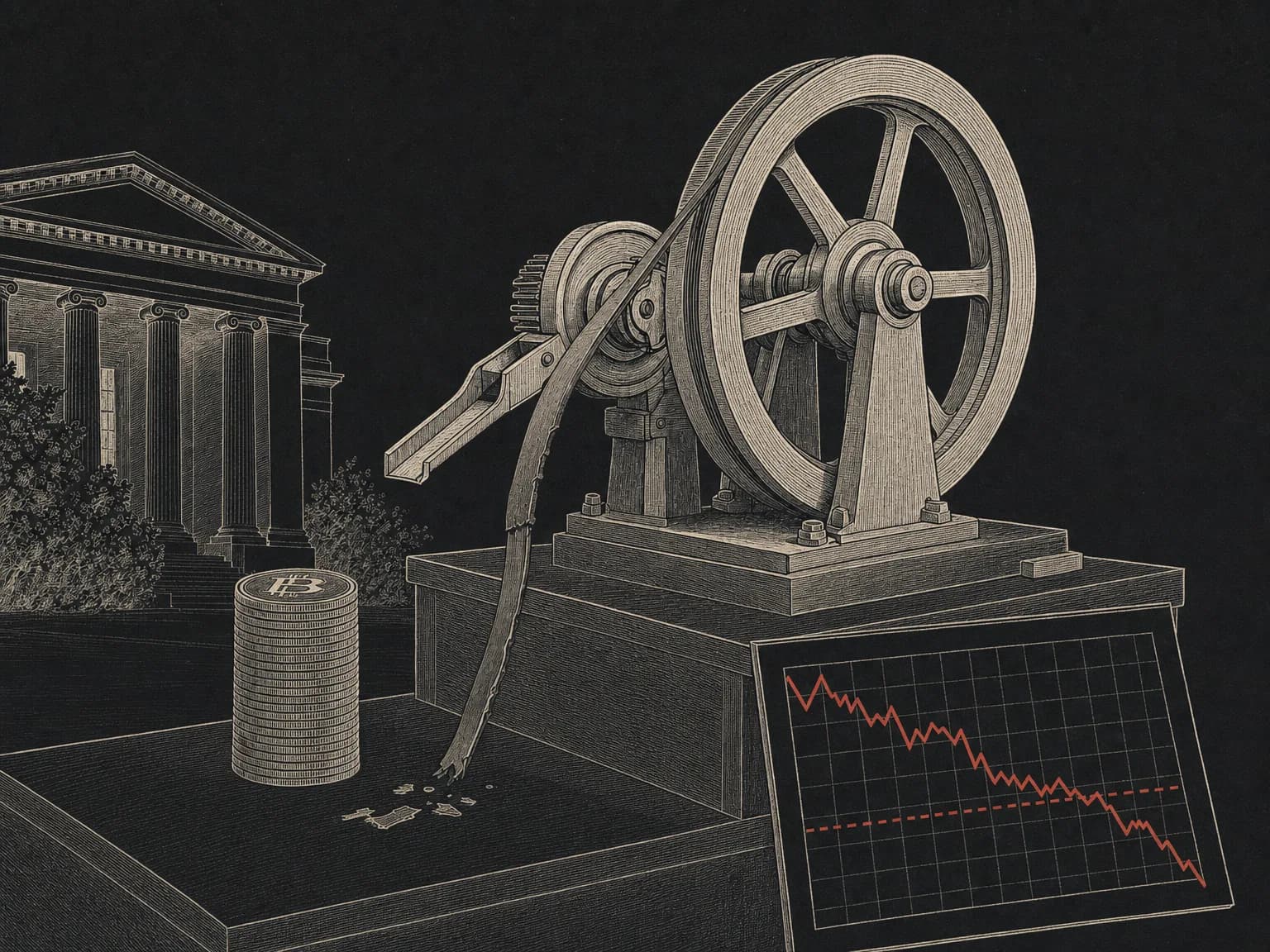 An editorial drawing of a large flywheel machine that fed coins onto a tall pile, now stopped, its drive belt snapped and hanging loose so the wheel no longer turns and no new coins reach the pile.