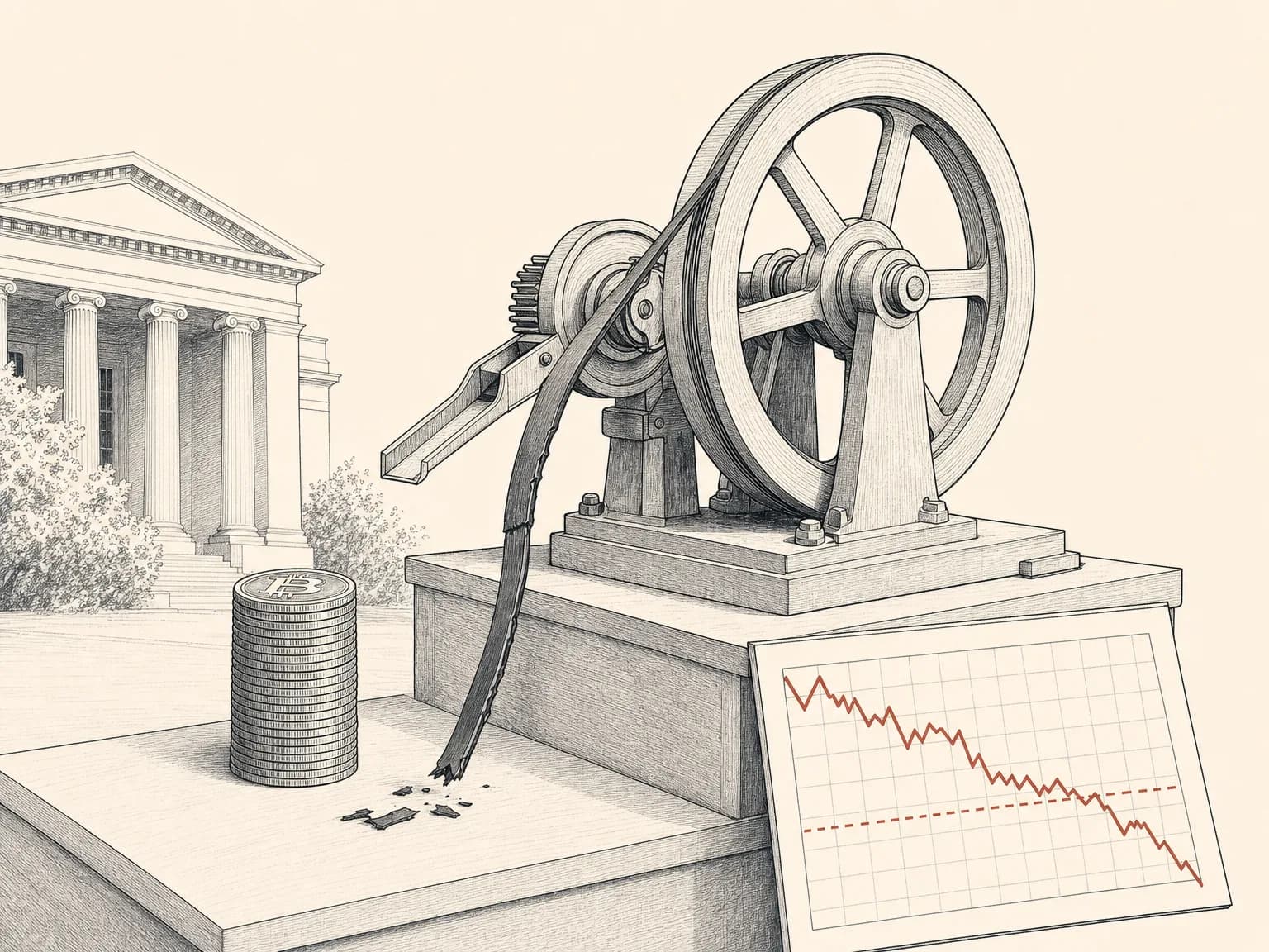 An editorial drawing of a large flywheel machine that fed coins onto a tall pile, now stopped, its drive belt snapped and hanging loose so the wheel no longer turns and no new coins reach the pile.