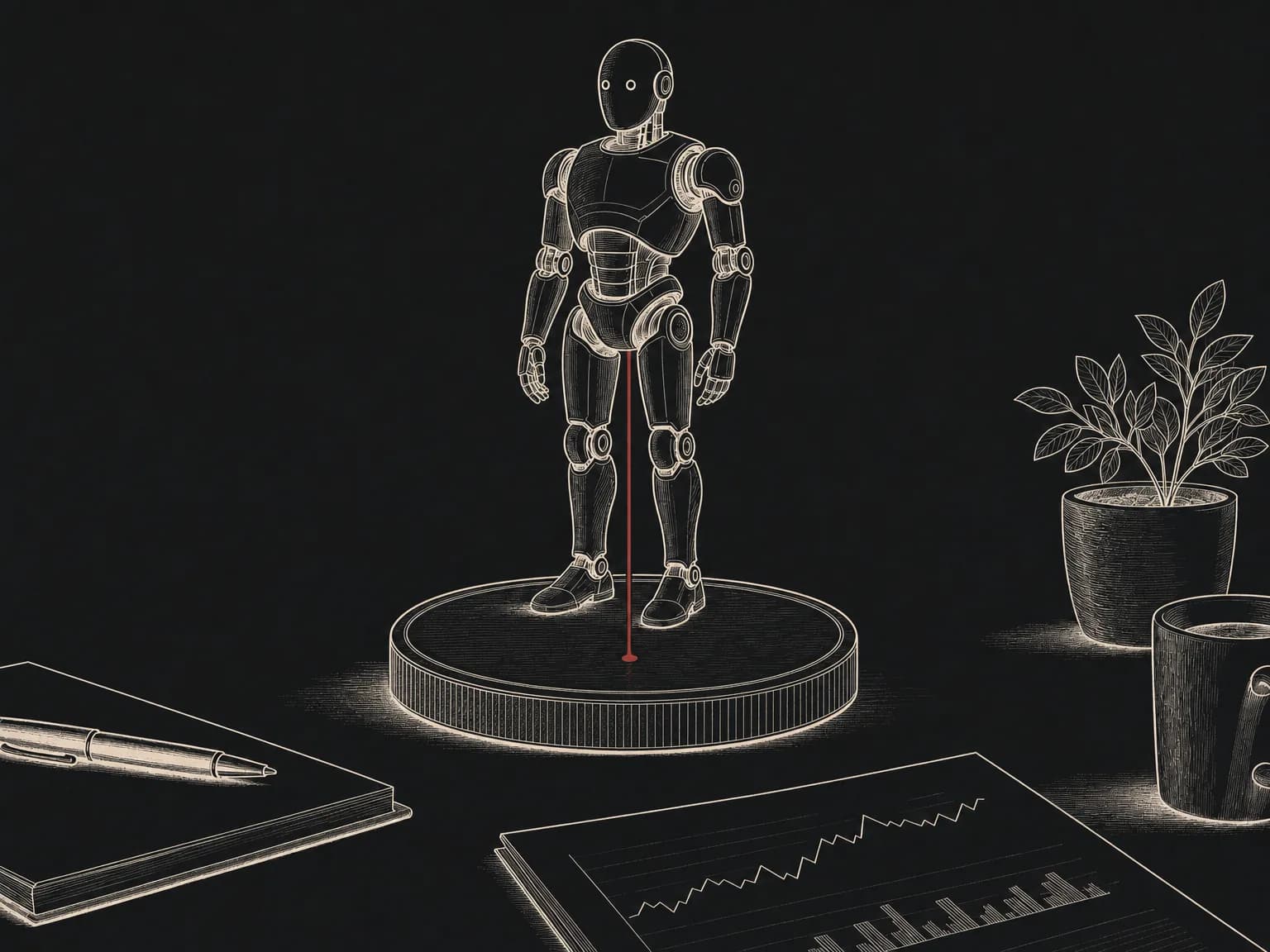 A large plain coin lies flat as a base, with a thin line running up from it into a standing humanoid robot the coin supports and powers.