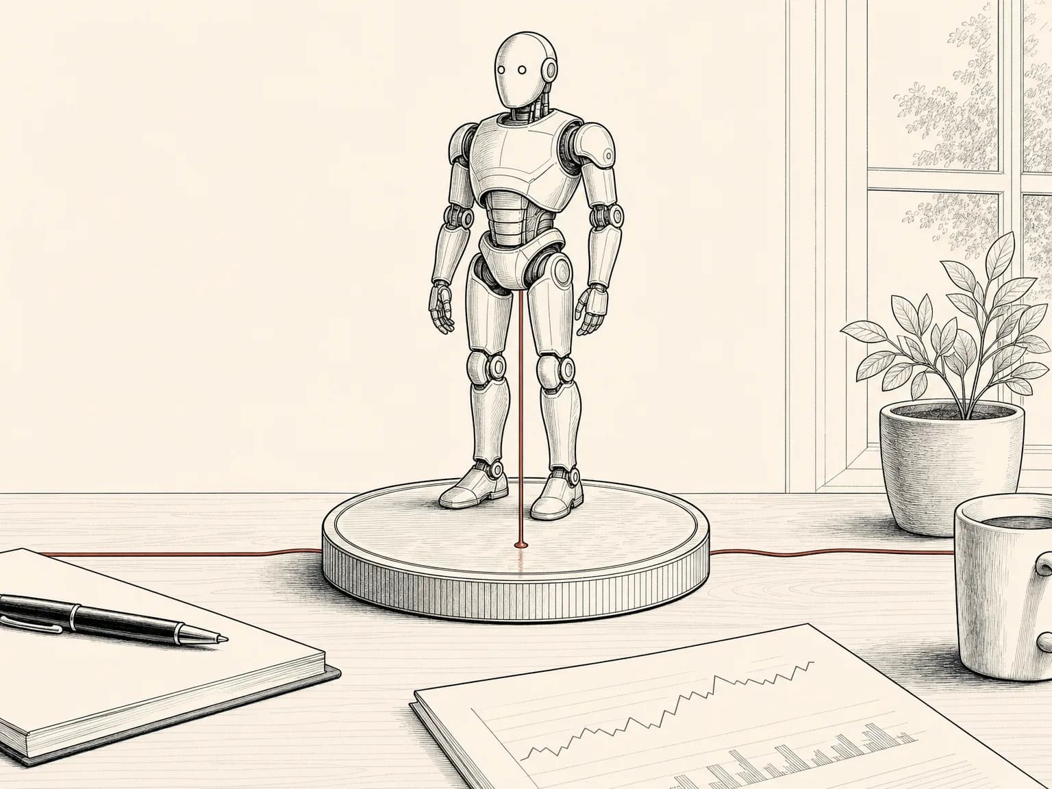 A large plain coin lies flat as a base, with a thin line running up from it into a standing humanoid robot the coin supports and powers.