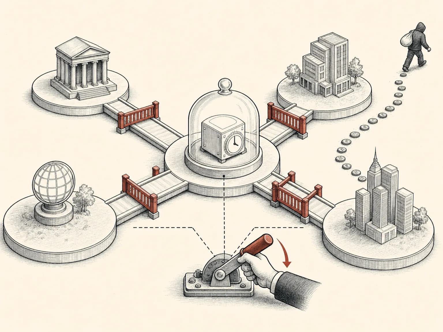 A central hub linked to four platforms by short bridges, all sealed at once by a dropped barrier while a thin trail of coins leads away from one, showing a protocol halting itself after a cross-chain drain.