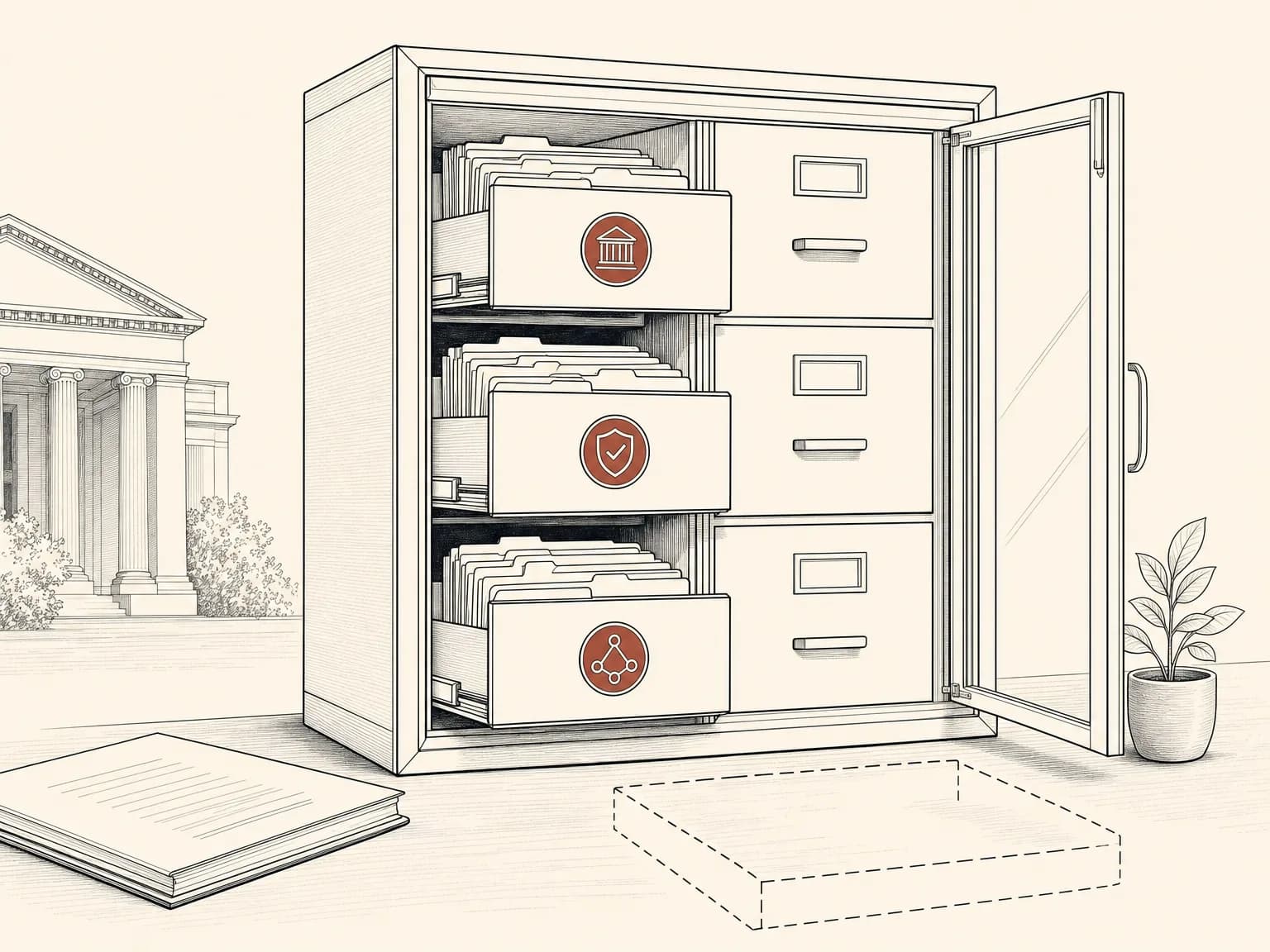 A clear glass-fronted filing cabinet with several drawers of neat folders open and a few left empty and closed, showing a voluntary disclosure standard that many adopt and some skip.