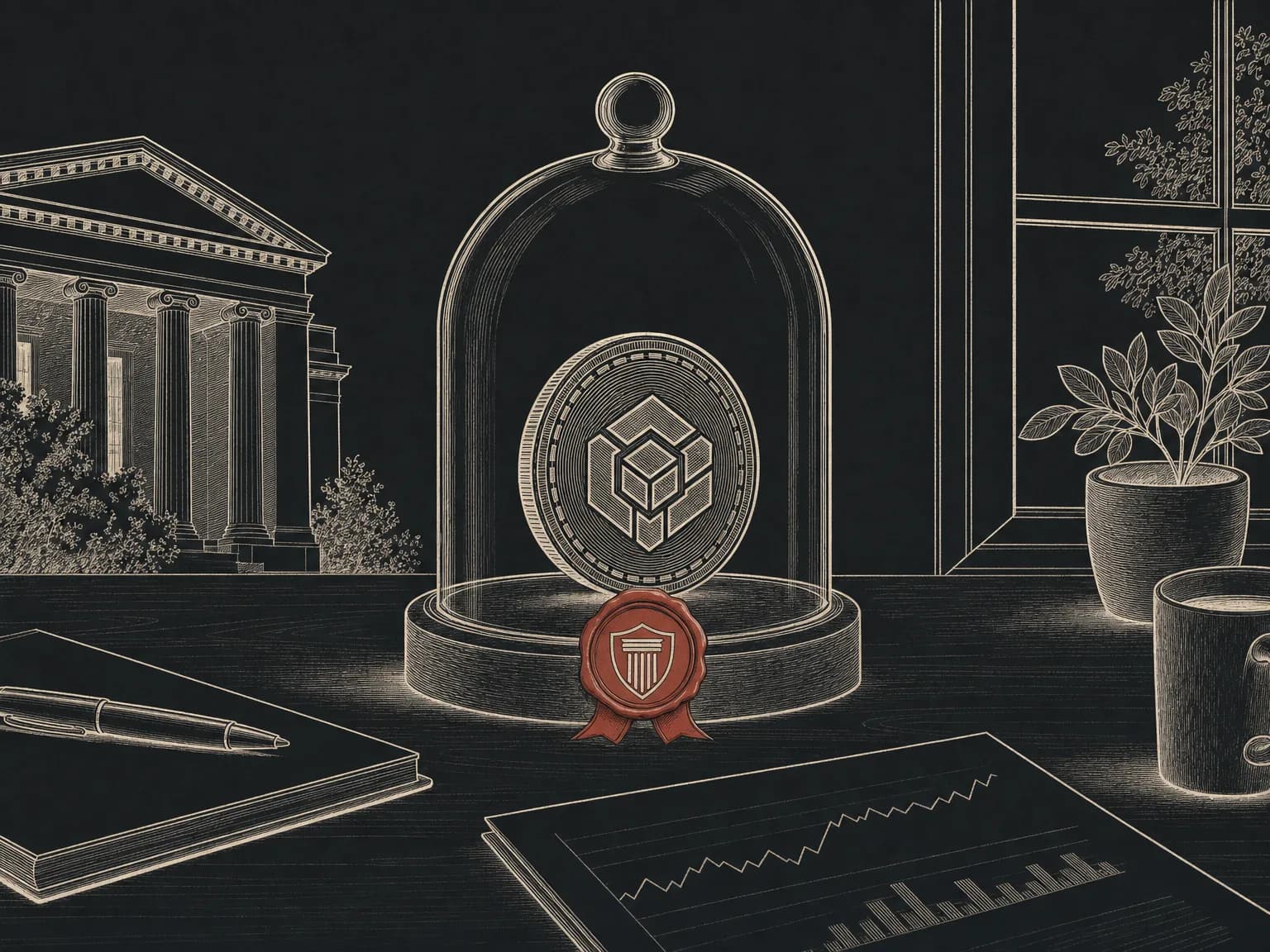 A single coin standing inside a sealed glass display dome on a desk, illustrating a regulated fund that holds a cryptocurrency in custody.