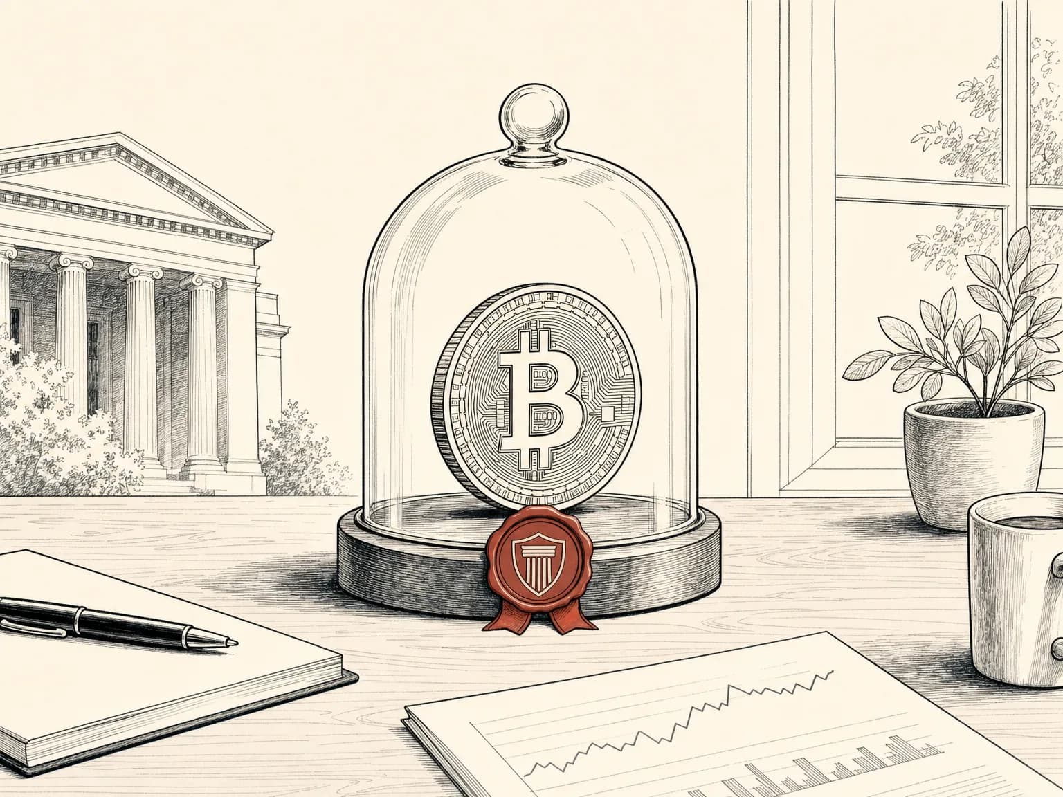 A single coin standing inside a sealed glass display dome on a desk, illustrating a regulated fund that holds a cryptocurrency in custody.