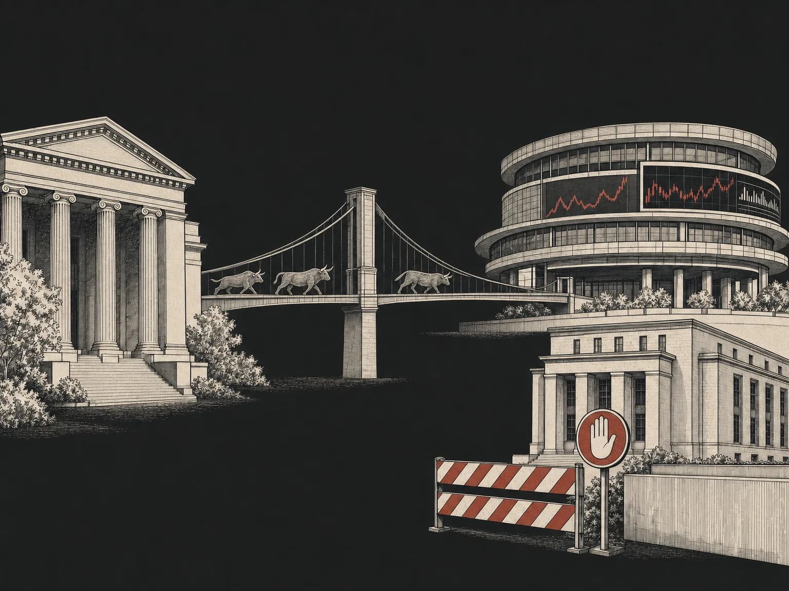 A grand columned stock exchange building extends a long bridge toward a sleek modern trading venue, while one older institution stays behind a caution barrier off to the side.