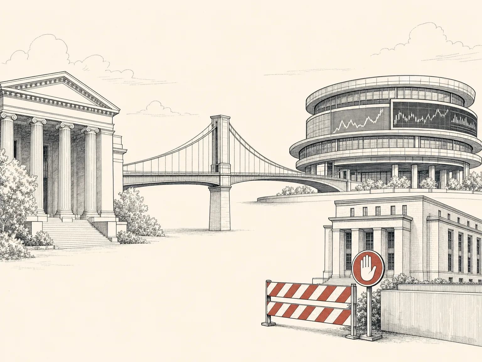 A grand columned stock exchange building extends a long bridge toward a sleek modern trading venue, while one older institution stays behind a caution barrier off to the side.