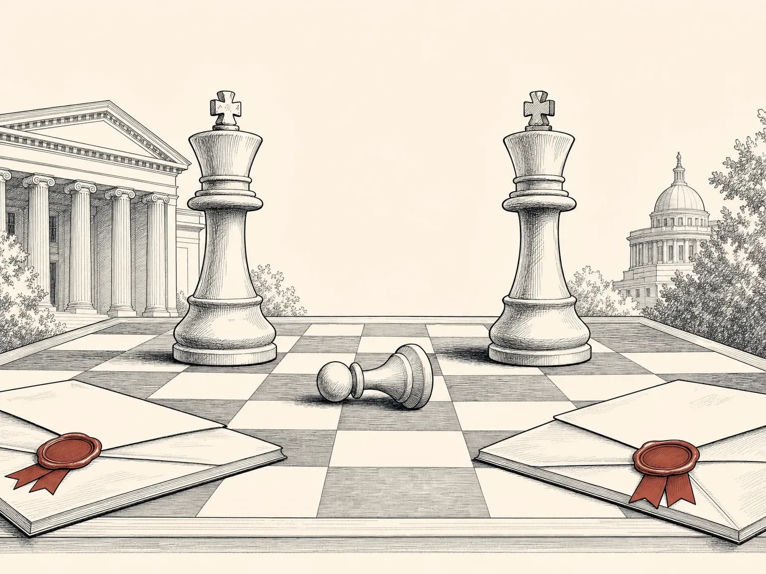 Two chess kings facing off across a fallen pawn with a sealed legal envelope at opposite corners of the board, showing a venture and its backer locked in dueling lawsuits.