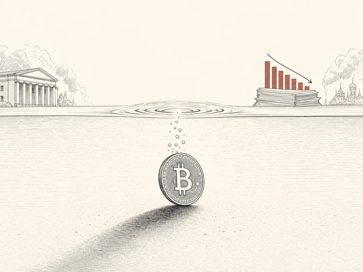 A single coin sinking through still water with a long shadow below and one faint ripple rising above it, showing a sharp drop that partly recovers.
